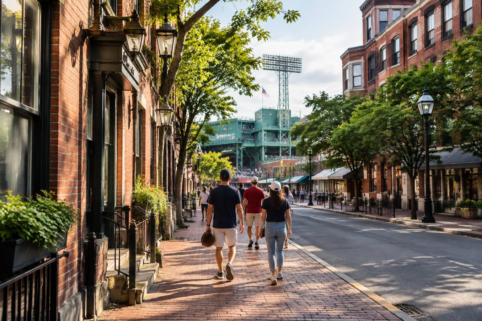 Visitors walk along a historic Boston street toward Fenway Park.