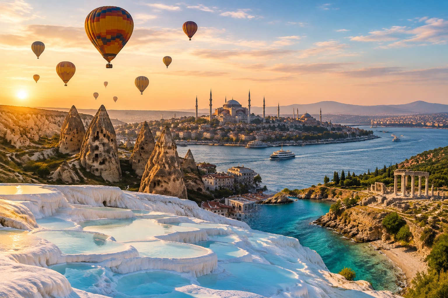 Hot-air balloons float above Cappadocia, with Turkish landmarks, white terraces, and a turquoise coastline in the distance.