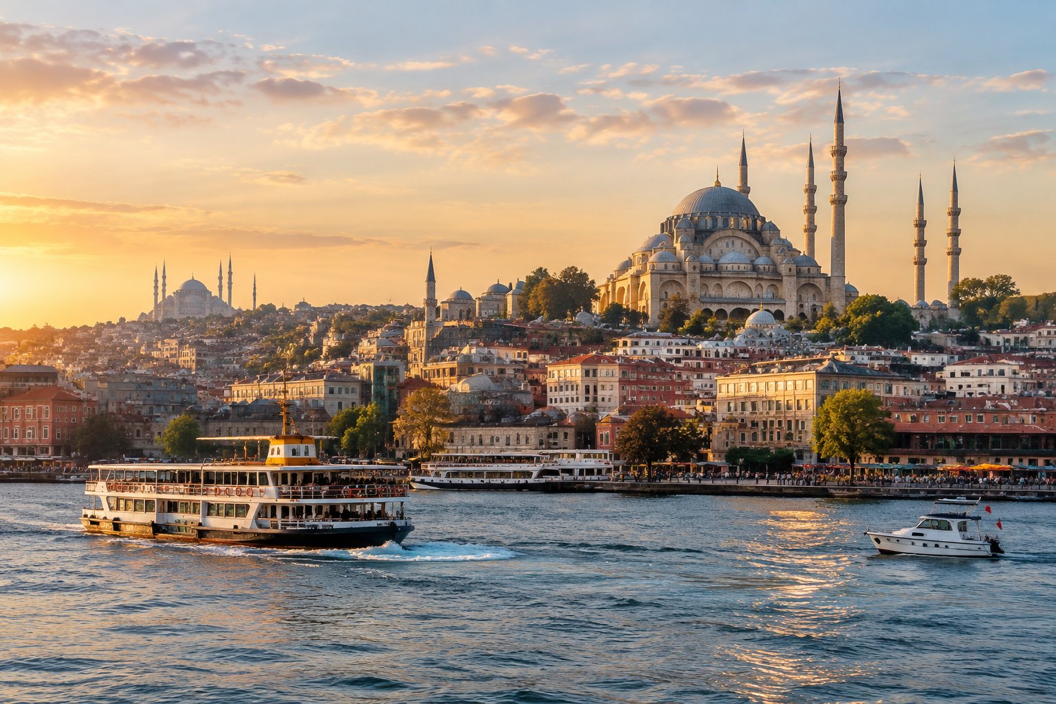 A historic mosque and waterfront neighborhood overlook the Bosphorus as ferries cross the water.