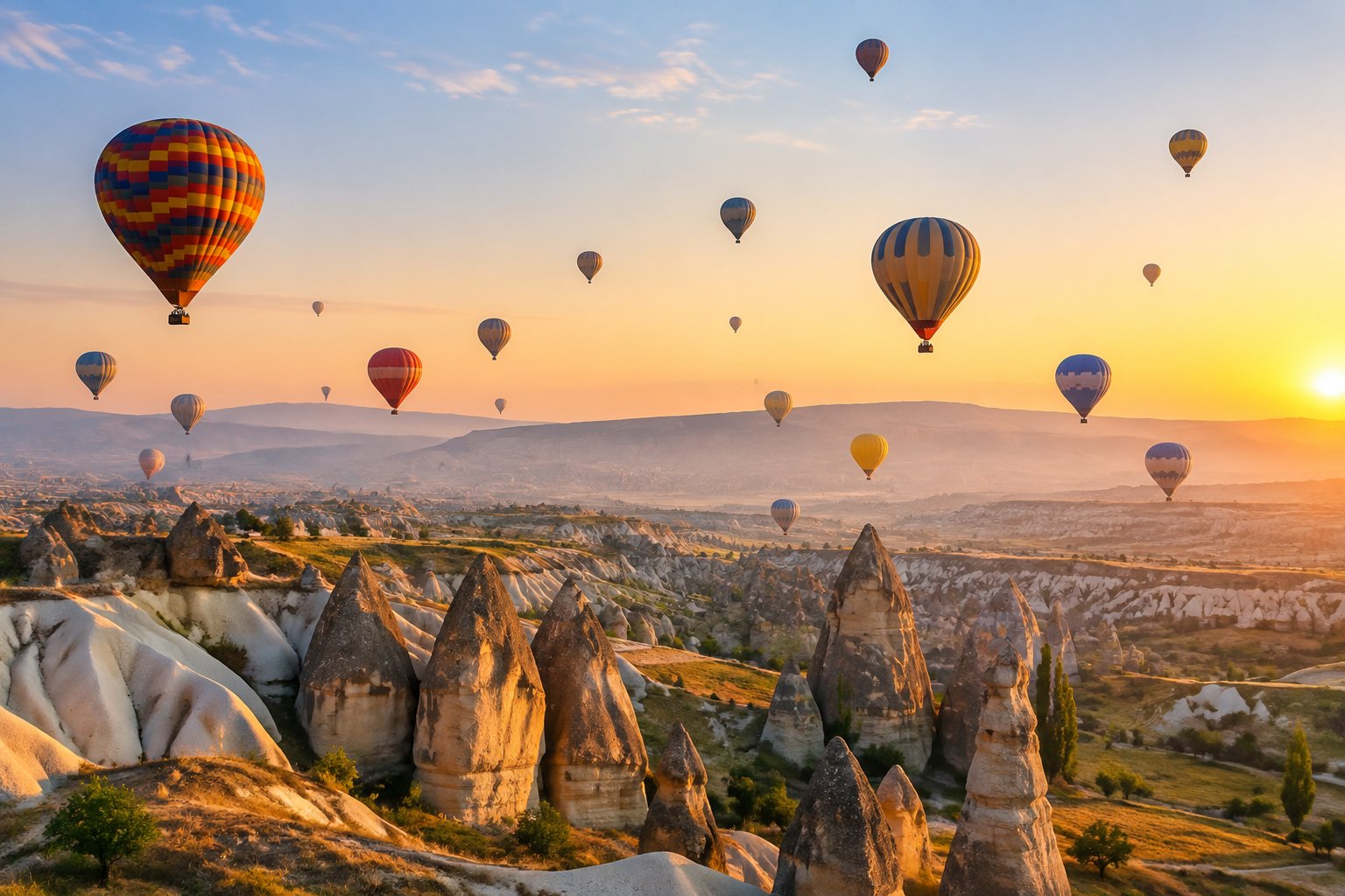 Hot-air balloons float above Cappadocia’s fairy chimneys at sunrise.