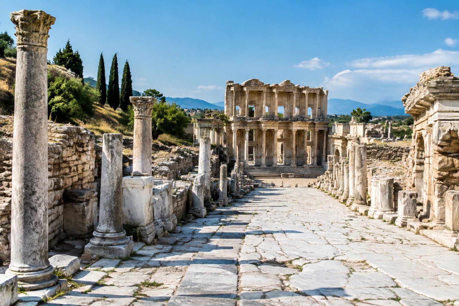 A marble-paved street runs past ancient Roman ruins toward the Library of Celsus in Ephesus.