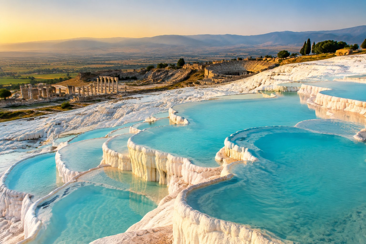 White travertine terraces and turquoise pools at Pamukkale, with the ruins of Hierapolis in the distance.
