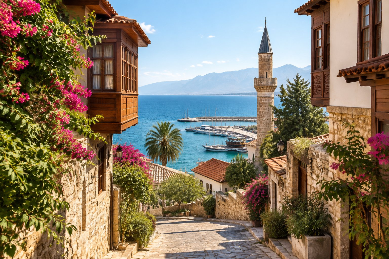 Historic buildings in Antalya overlook a turquoise Mediterranean harbor.