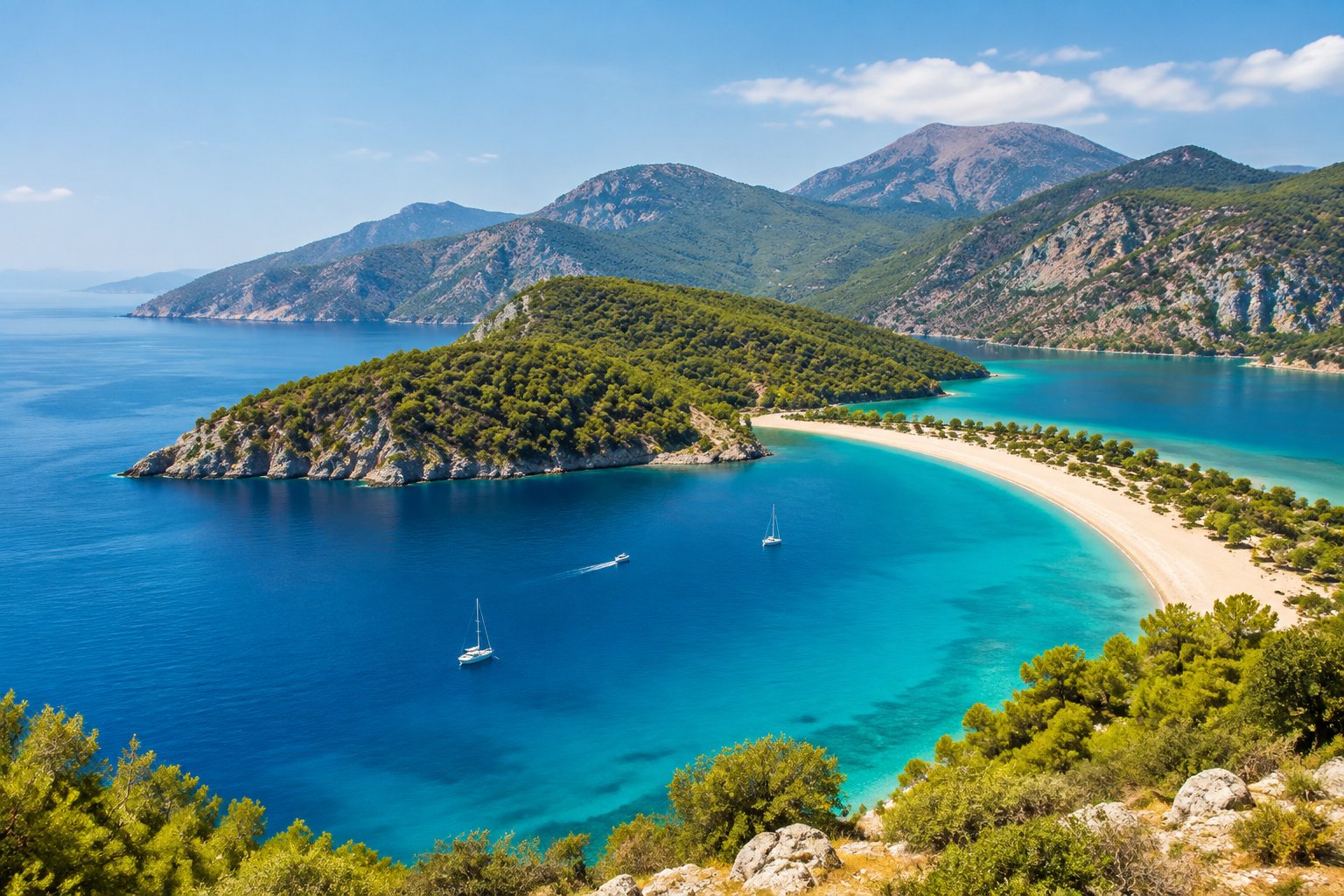 A turquoise lagoon along Fethiye’s coast, with a green peninsula, small boats, and mountains in the distance.