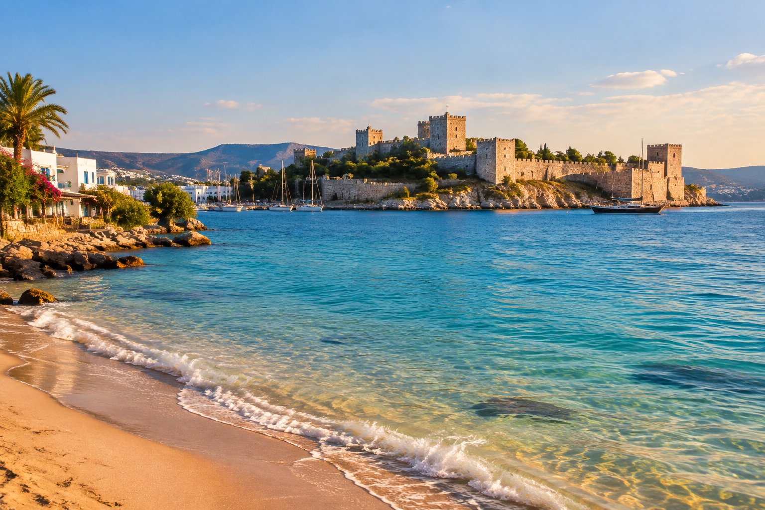 Turquoise Aegean water and a sandy beach with Bodrum Castle on the coast.