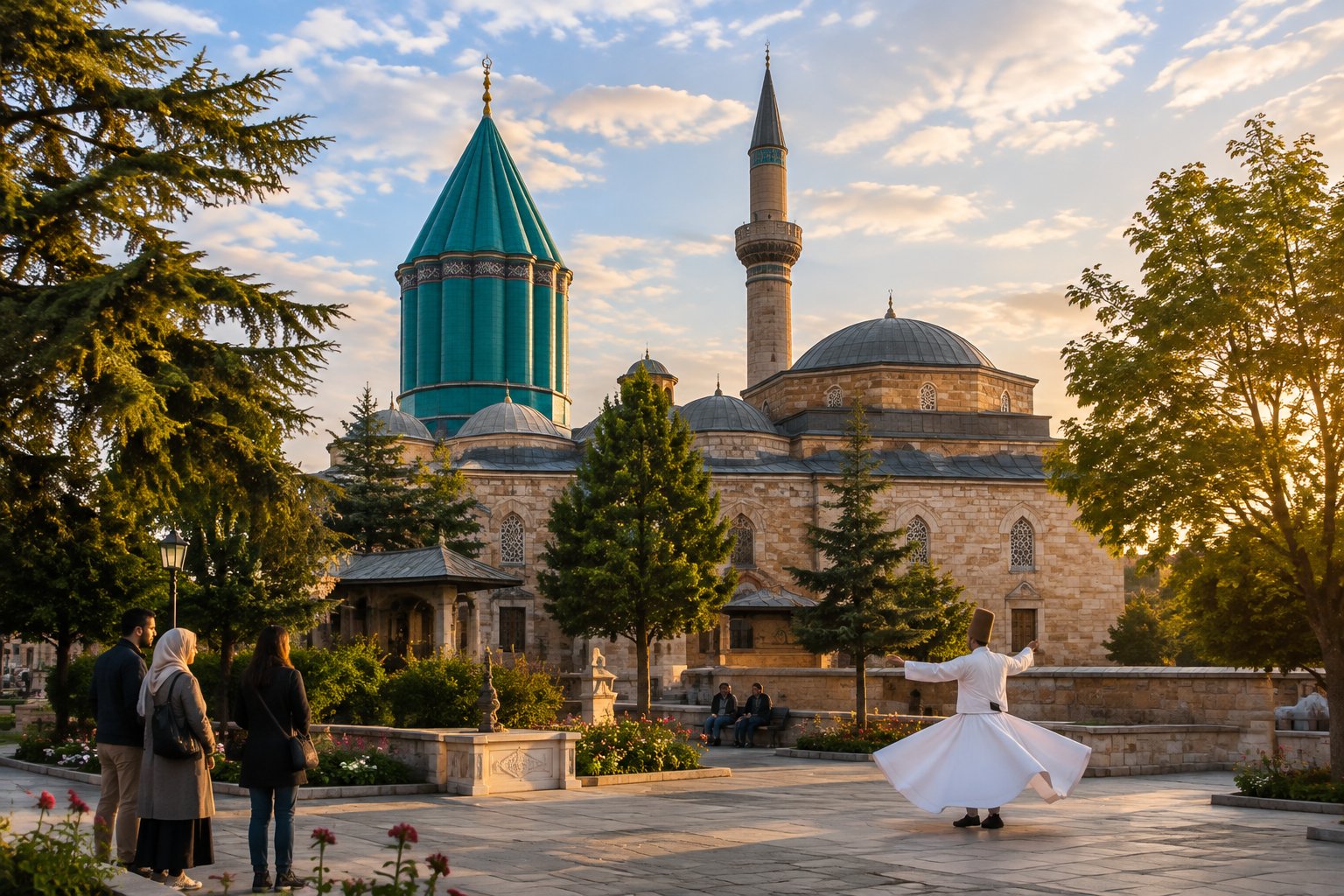 The turquoise dome of the Mevlana Museum rises above a quiet courtyard in Konya, with visitors nearby.