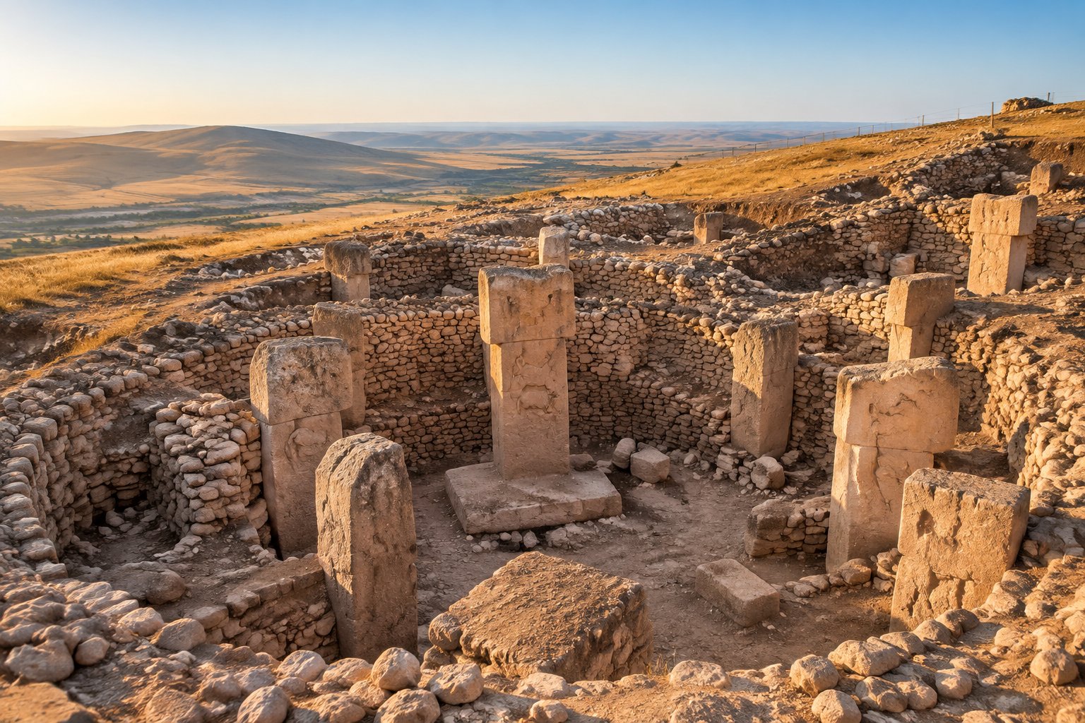Ancient T-shaped stone pillars stand in circular enclosures on a dry hill at Göbekli Tepe.