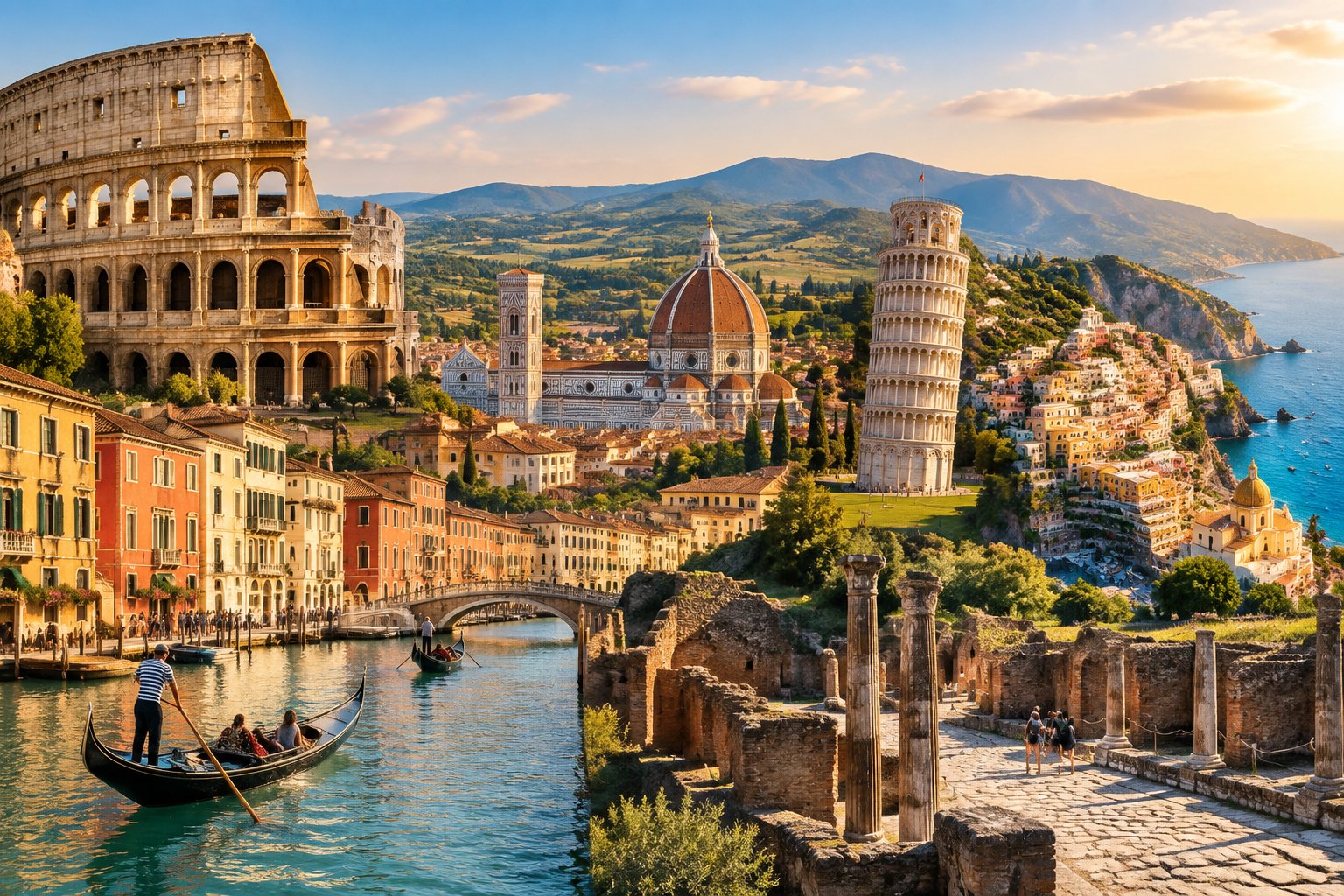 Famous Italian landmarks, including the Colosseum, Venice’s canals, Florence’s cathedral, the Leaning Tower of Pisa, and Amalfi Coast villages.