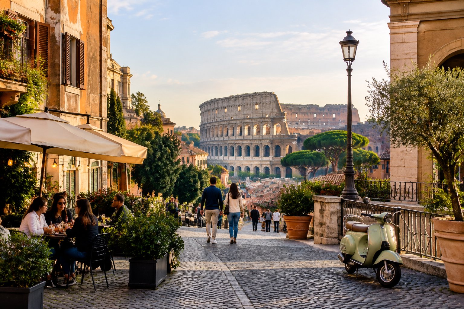 People gather at a Roman café with the Colosseum visible in the distance.