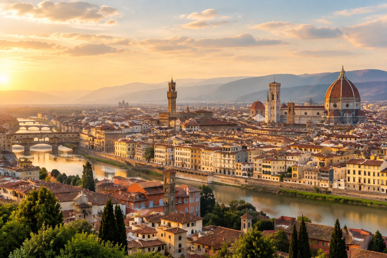 Florence’s cathedral dome and historic buildings overlook the Arno River.