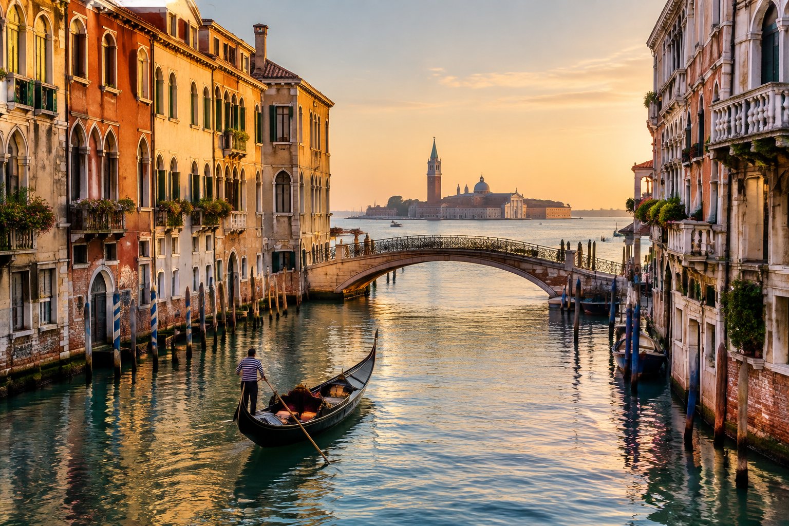 A gondola travels along a canal between historic Venetian palaces.