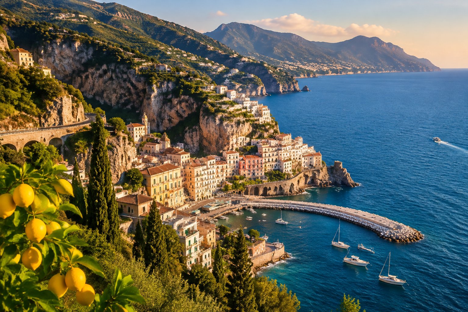Colorful cliffside houses overlook a small harbor and the blue Mediterranean Sea.