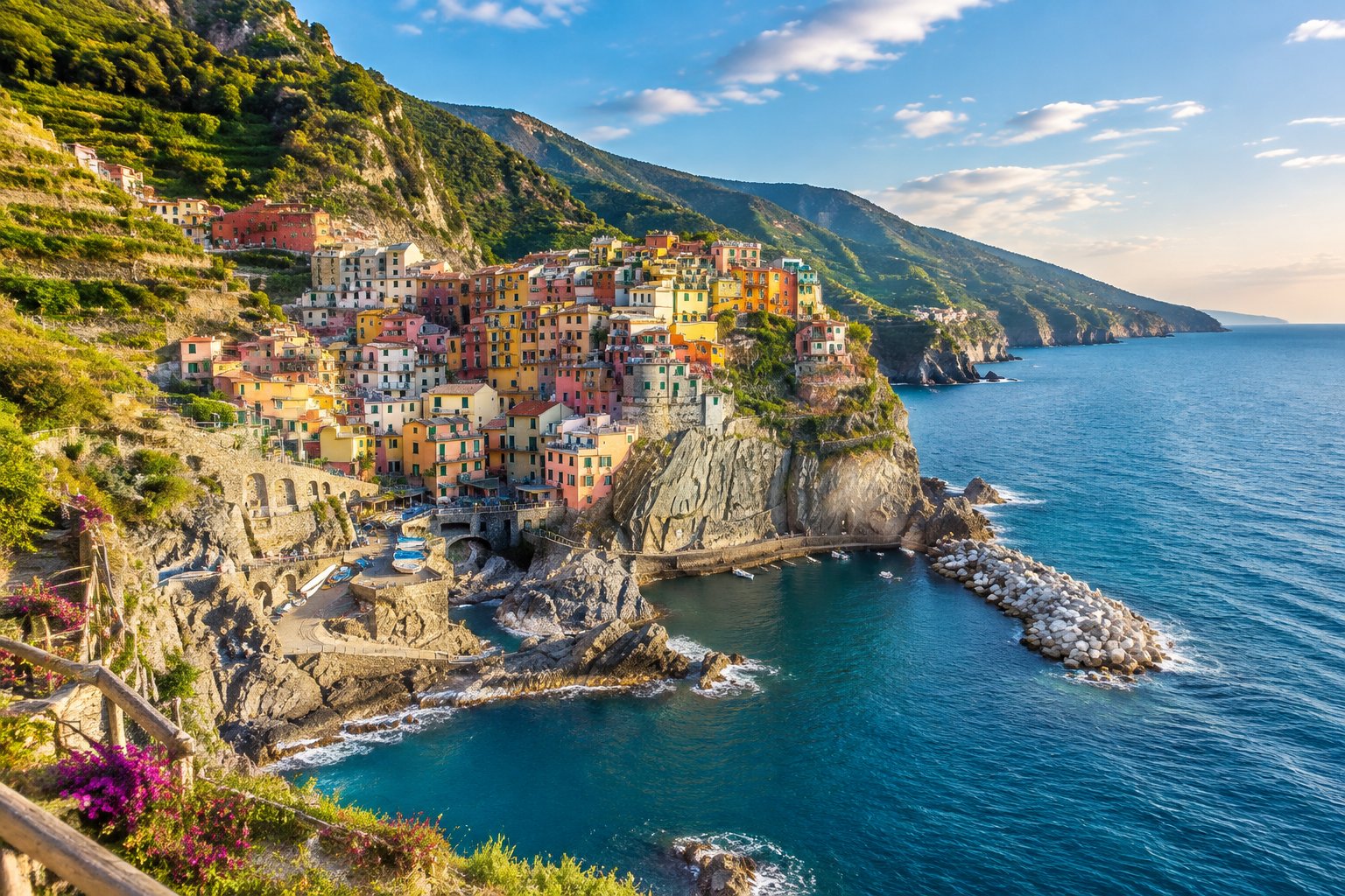 Colorful villages perched on the cliffs above the Mediterranean Sea in Cinque Terre.