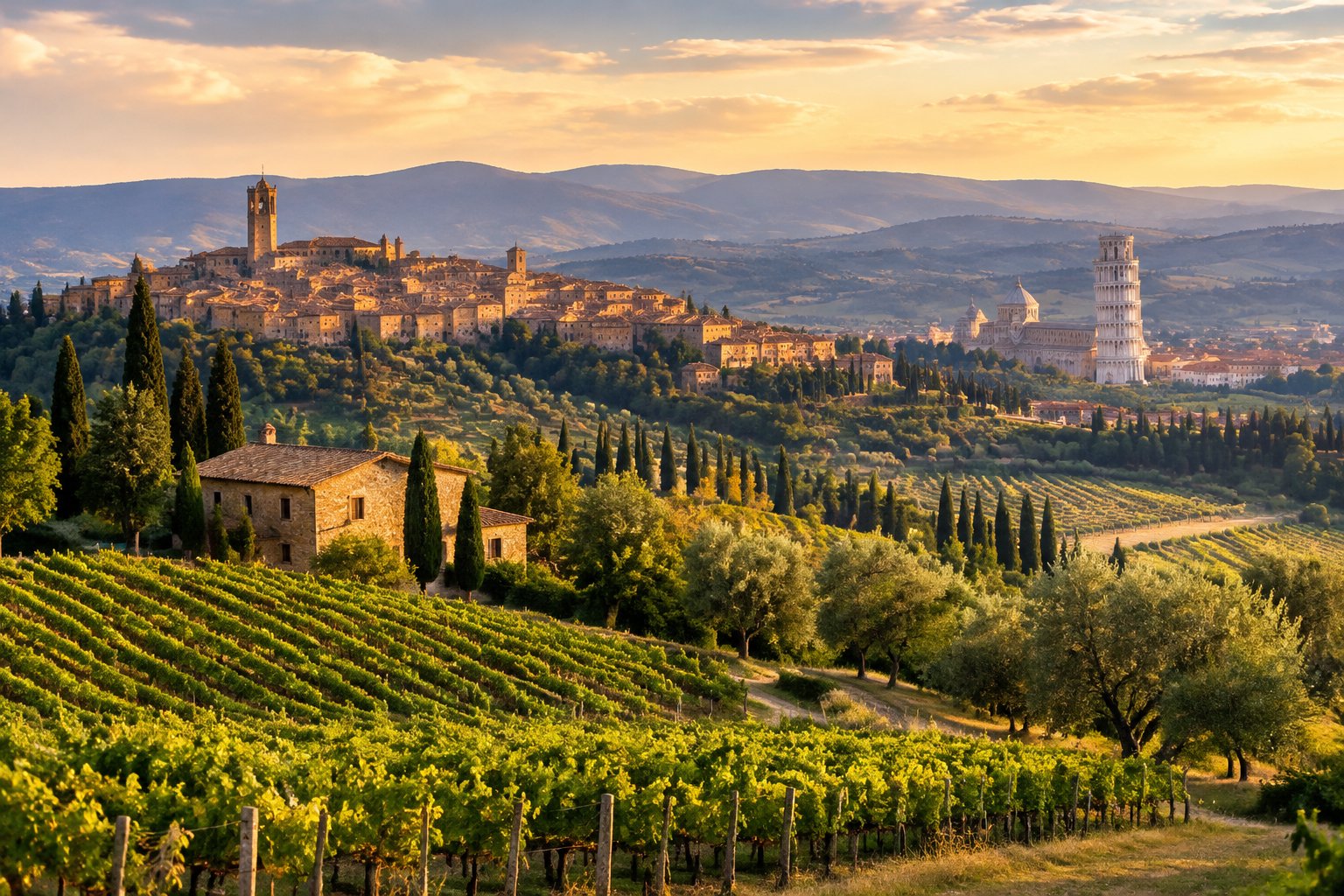 A Tuscan hill town and vineyards with the Leaning Tower of Pisa in the distance.