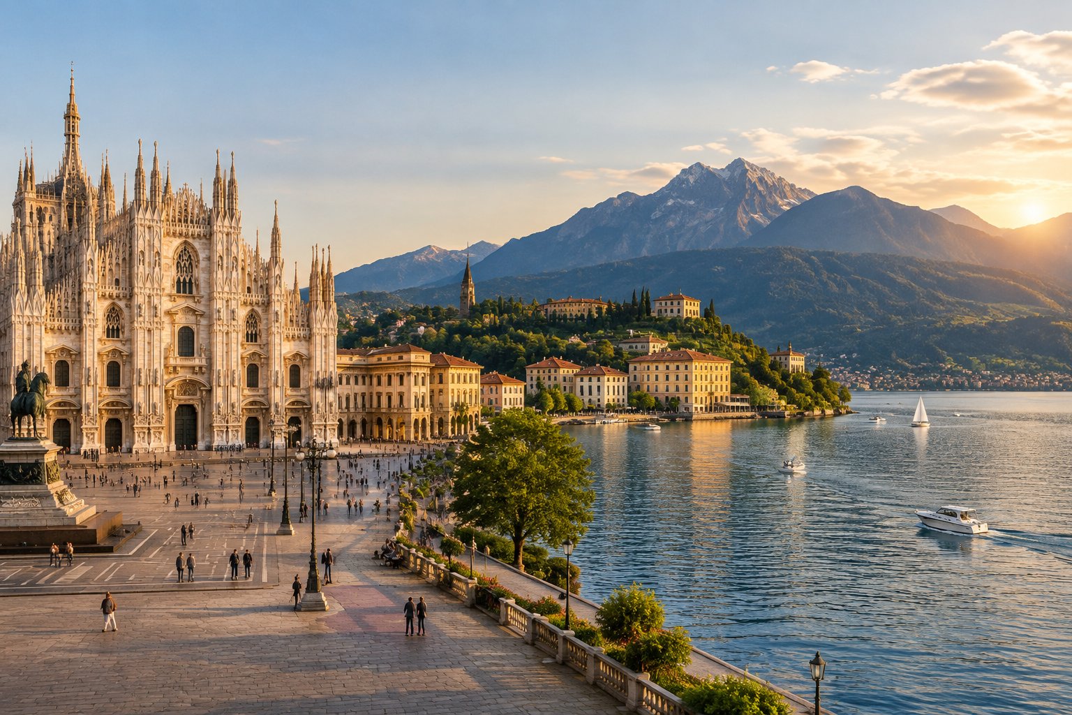 Milan’s cathedral and historic square alongside Lake Como, with boats, villas, and mountains.