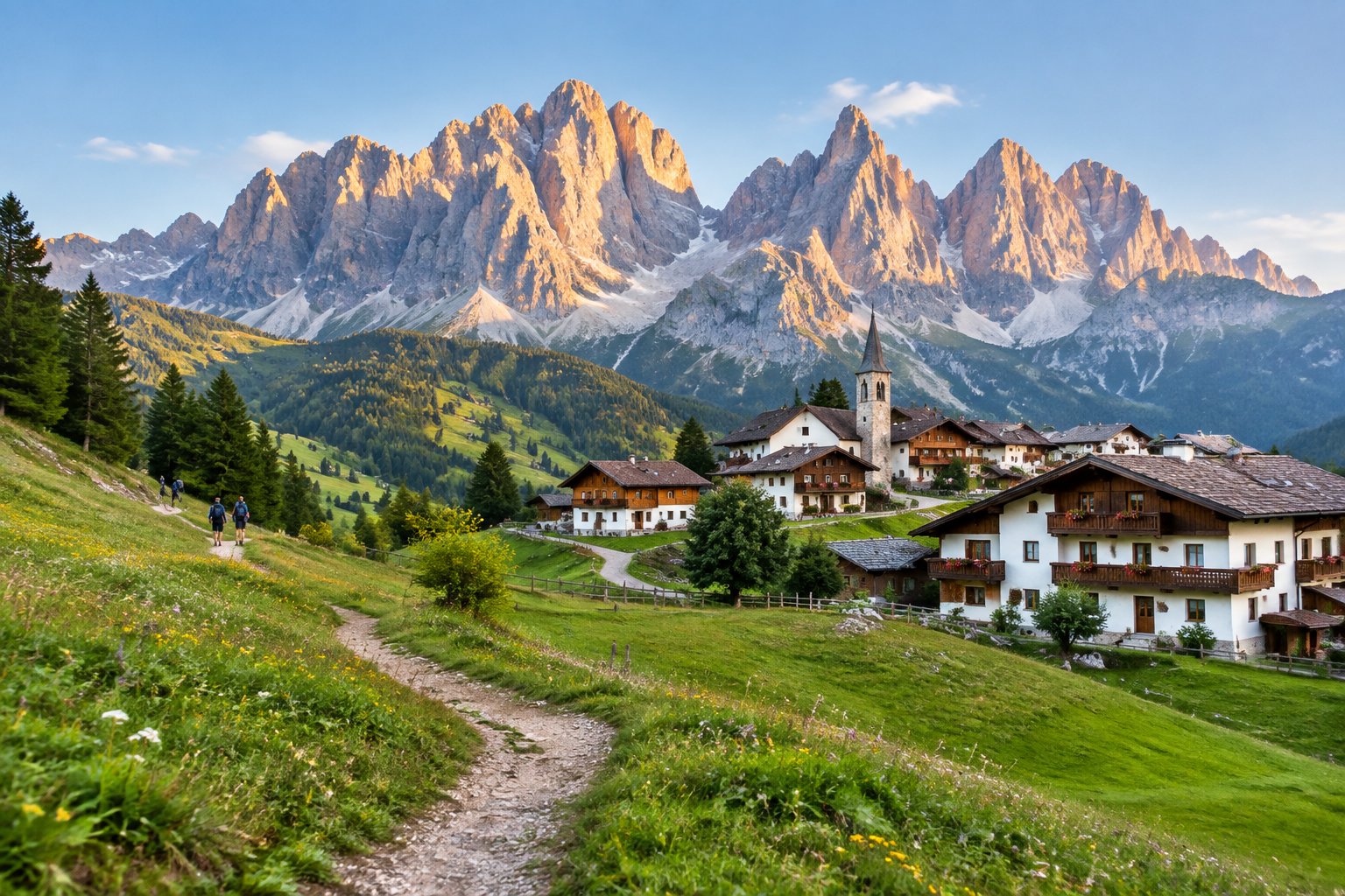 A trail crosses a green meadow toward a mountain village beneath the jagged peaks of the Dolomites.