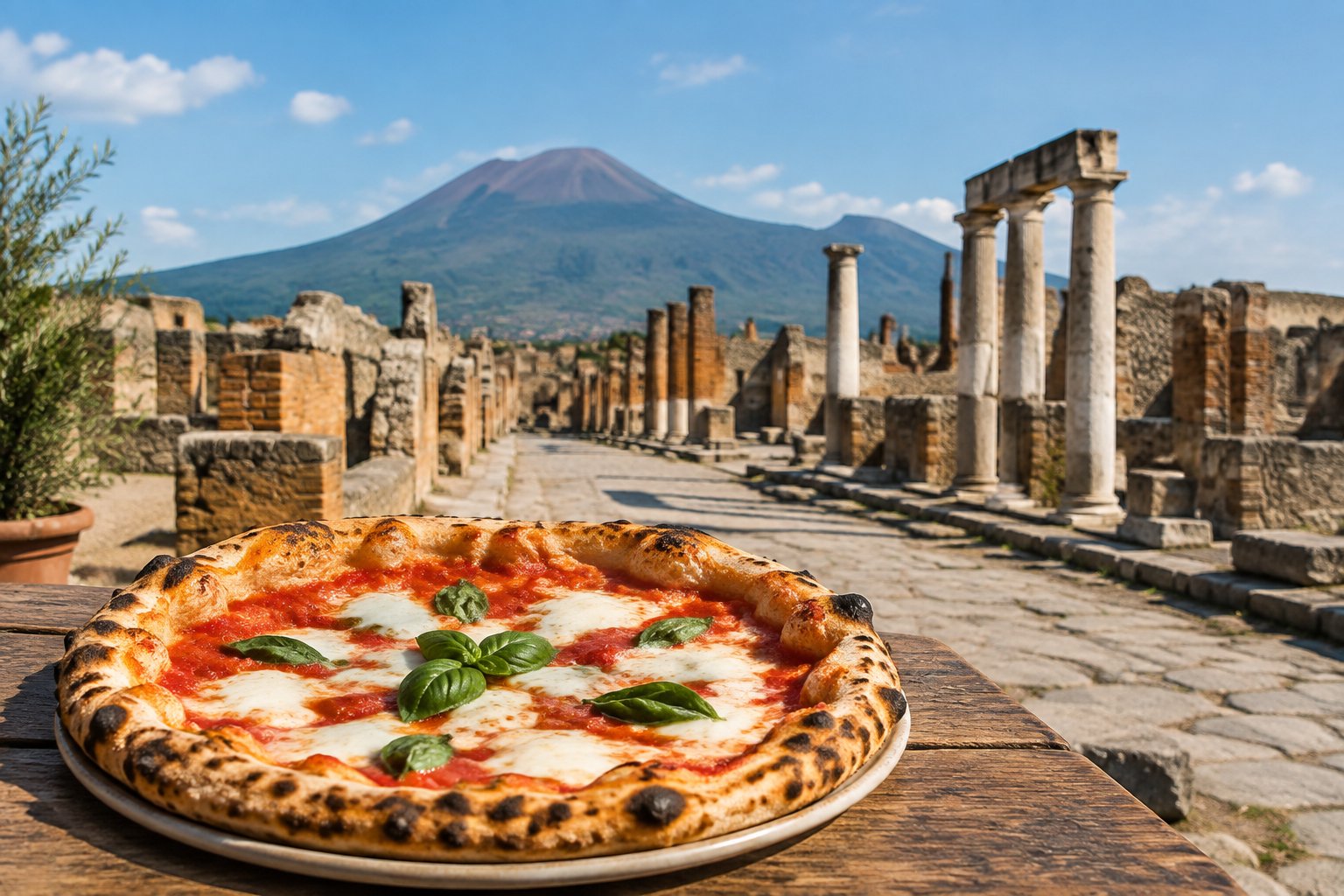 A Neapolitan pizza sits before the ruins of Pompeii, with Mount Vesuvius in the distance.