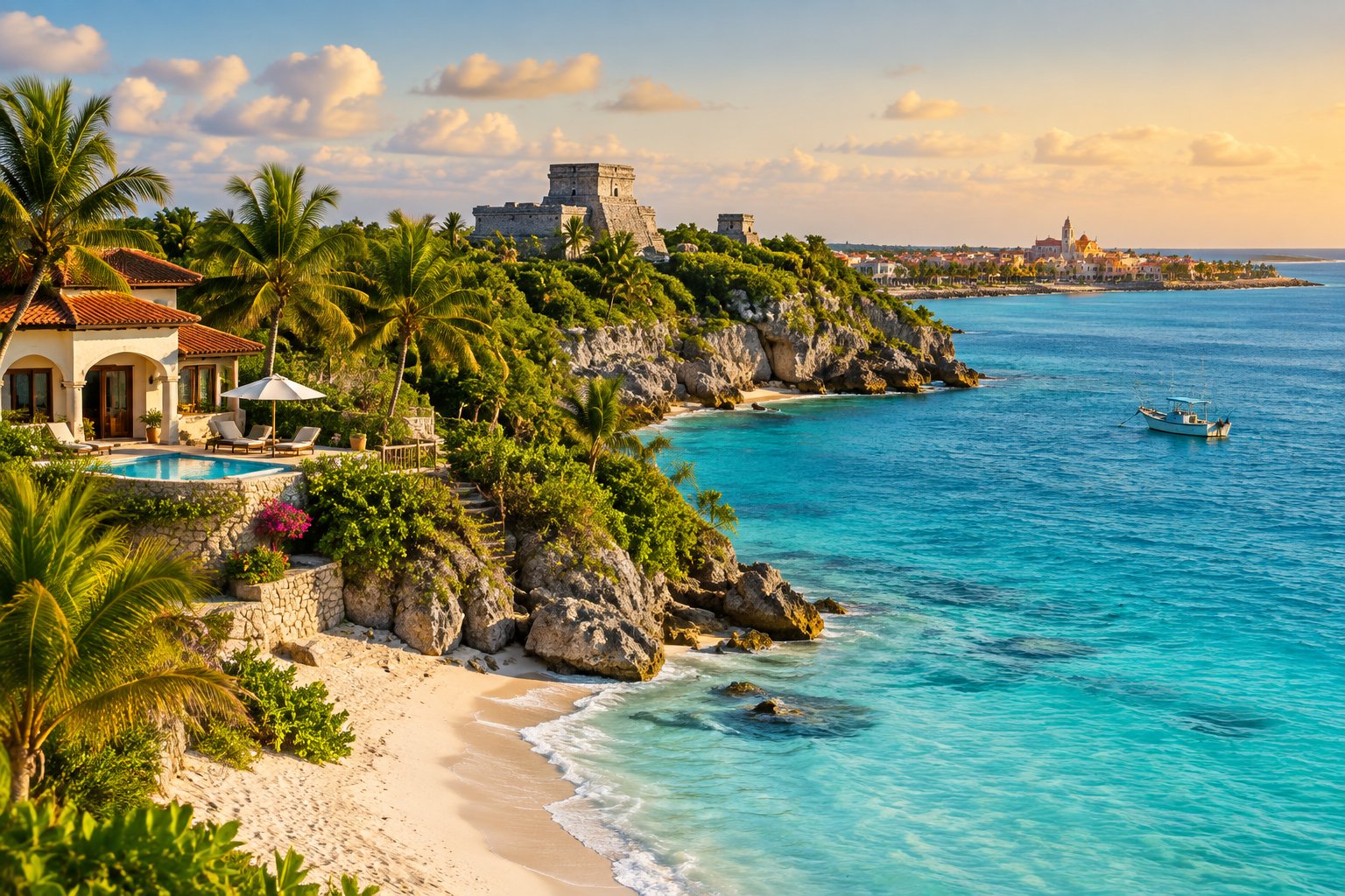 A tropical Mexican coastline with turquoise water, sandy beach, palm trees, a seaside hotel, and stone ruins.