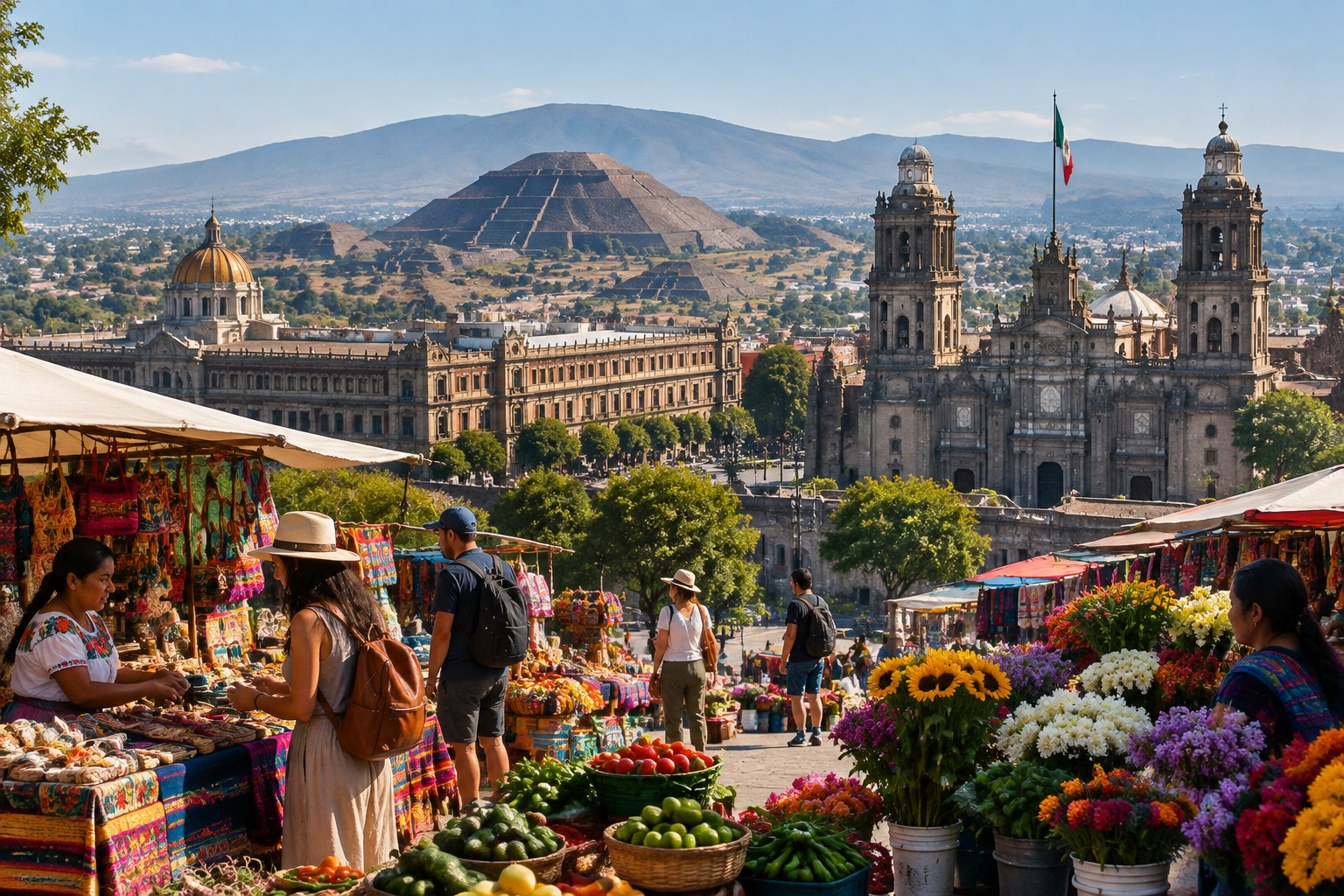 Visitors explore a colorful market with Mexico City buildings and ancient pyramids in the distance.