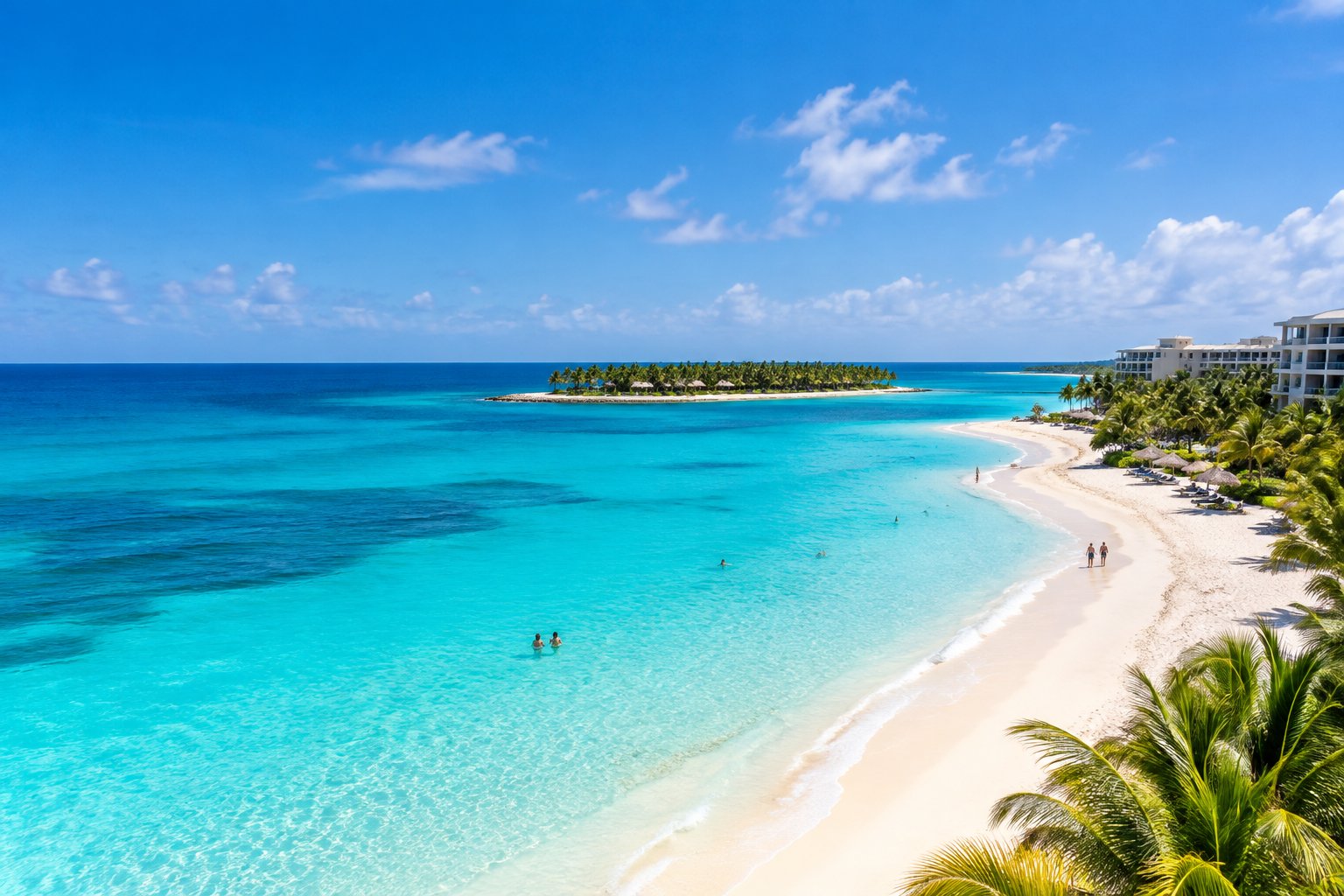 A palm-lined white-sand beach beside turquoise Caribbean water in Cancún.
