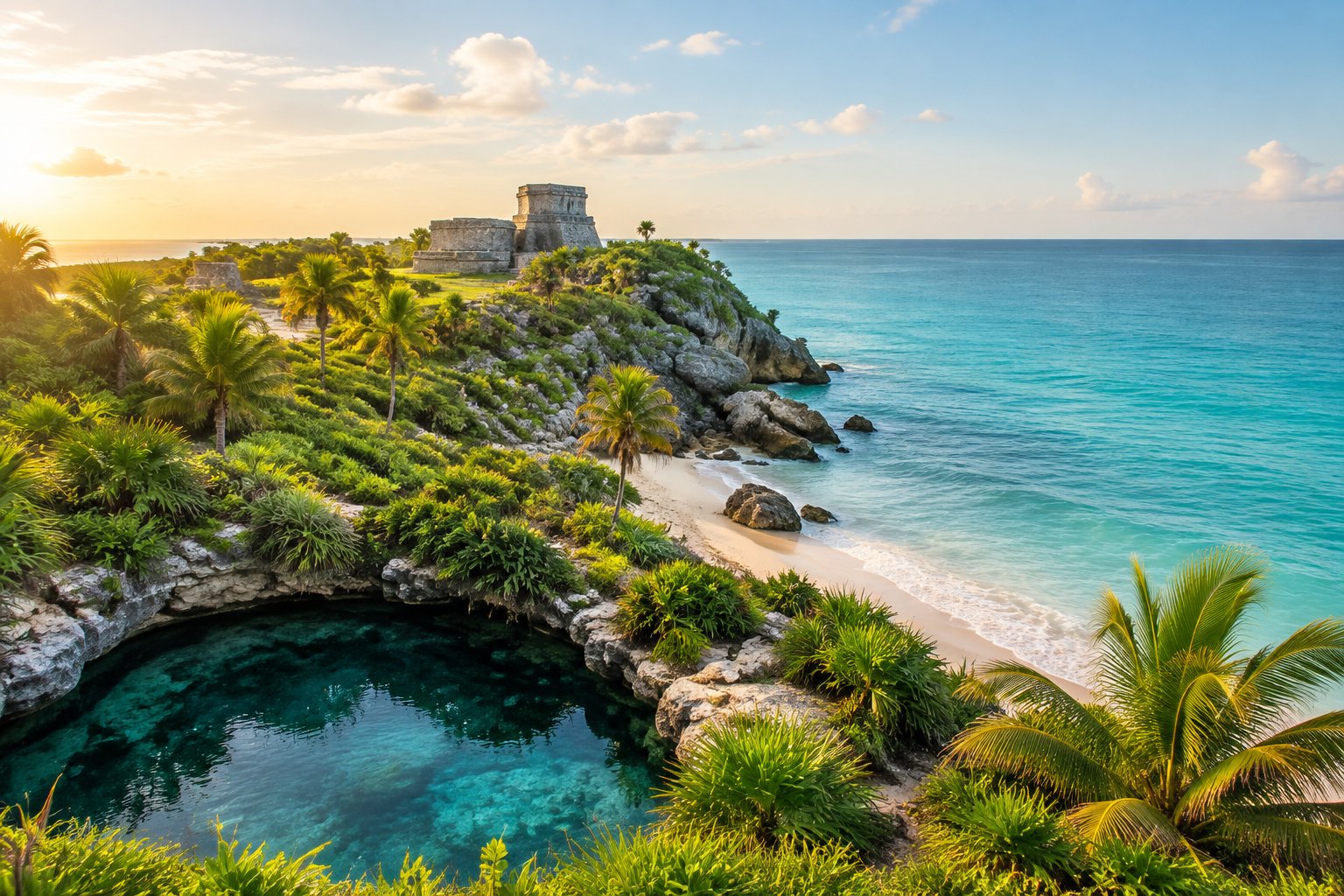 Mayan ruins overlook the turquoise sea beside a tropical cenote.