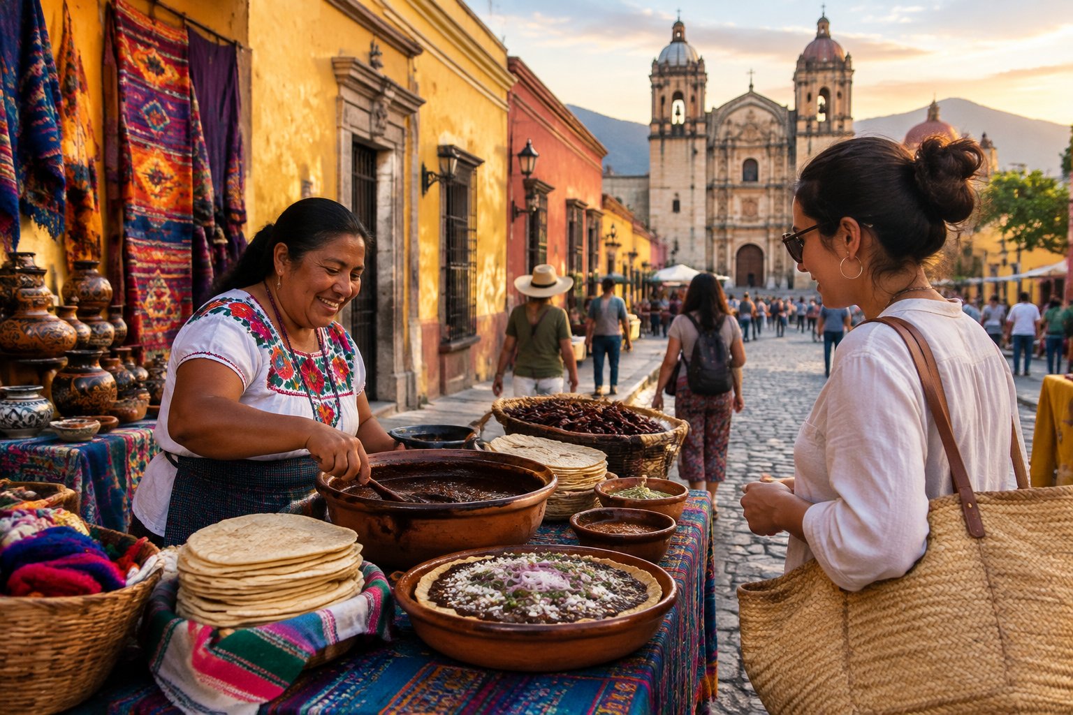 A vendor displays Oaxacan food at a market stall on a colorful street in Oaxaca City.