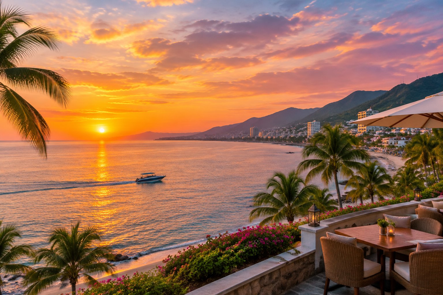 A boat crosses Banderas Bay as the sun sets over Puerto Vallarta.