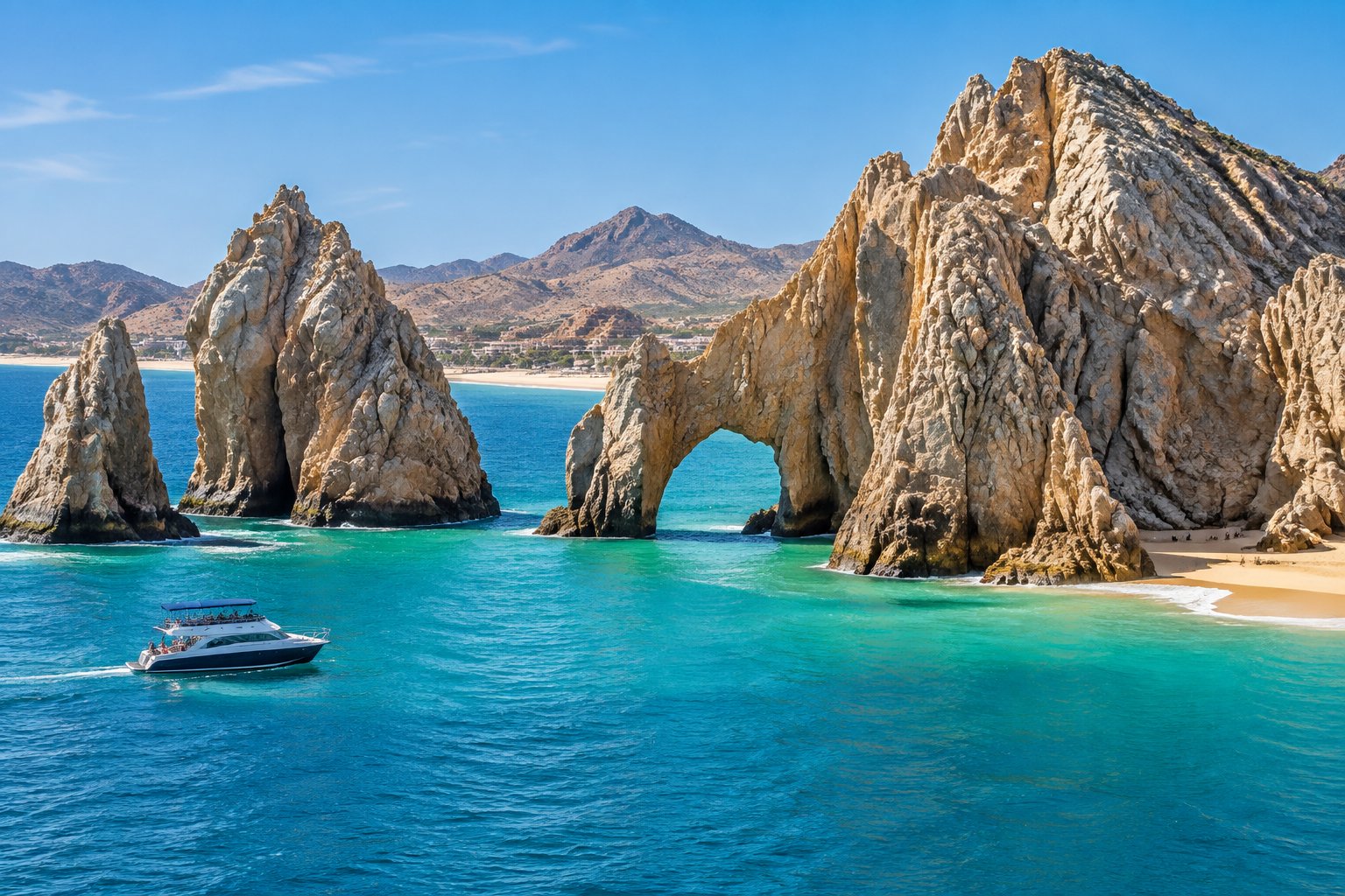 A boat cruises past the El Arco rock formation on the turquoise Sea of Cortez, beside Cabo San Lucas's desert coastline.