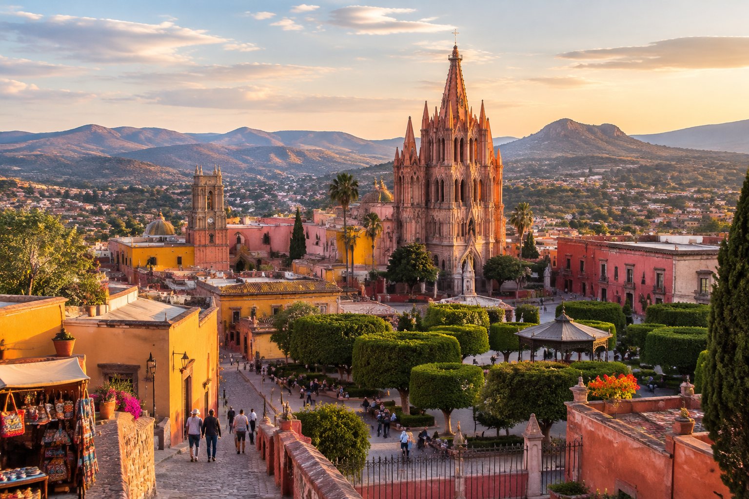 Visitors explore a plaza beneath the pink church towers of San Miguel de Allende.