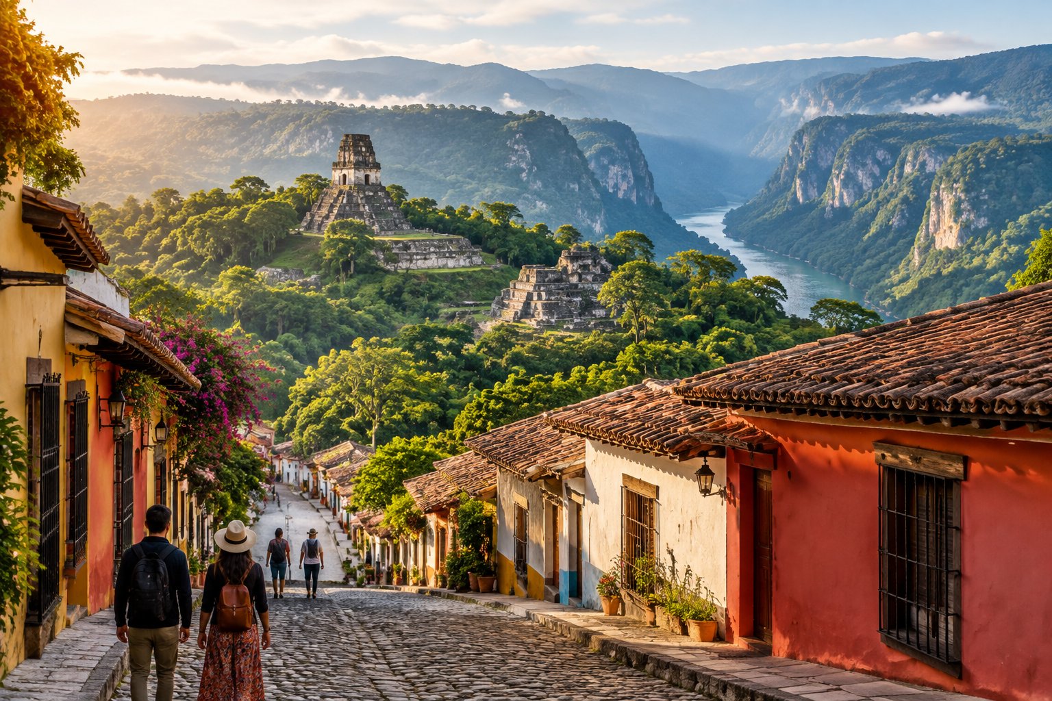 A colorful highland town, jungle-covered Maya ruins, and a river winding through a dramatic canyon in Chiapas, Mexico.