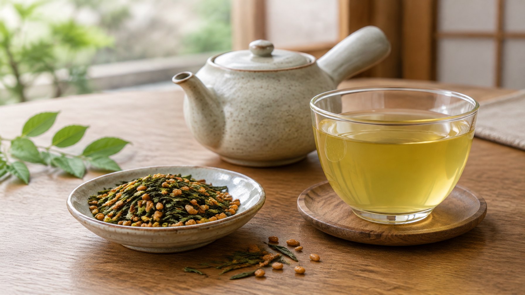 A cup and teapot of green tea beside roasted rice grains and tea leaves.