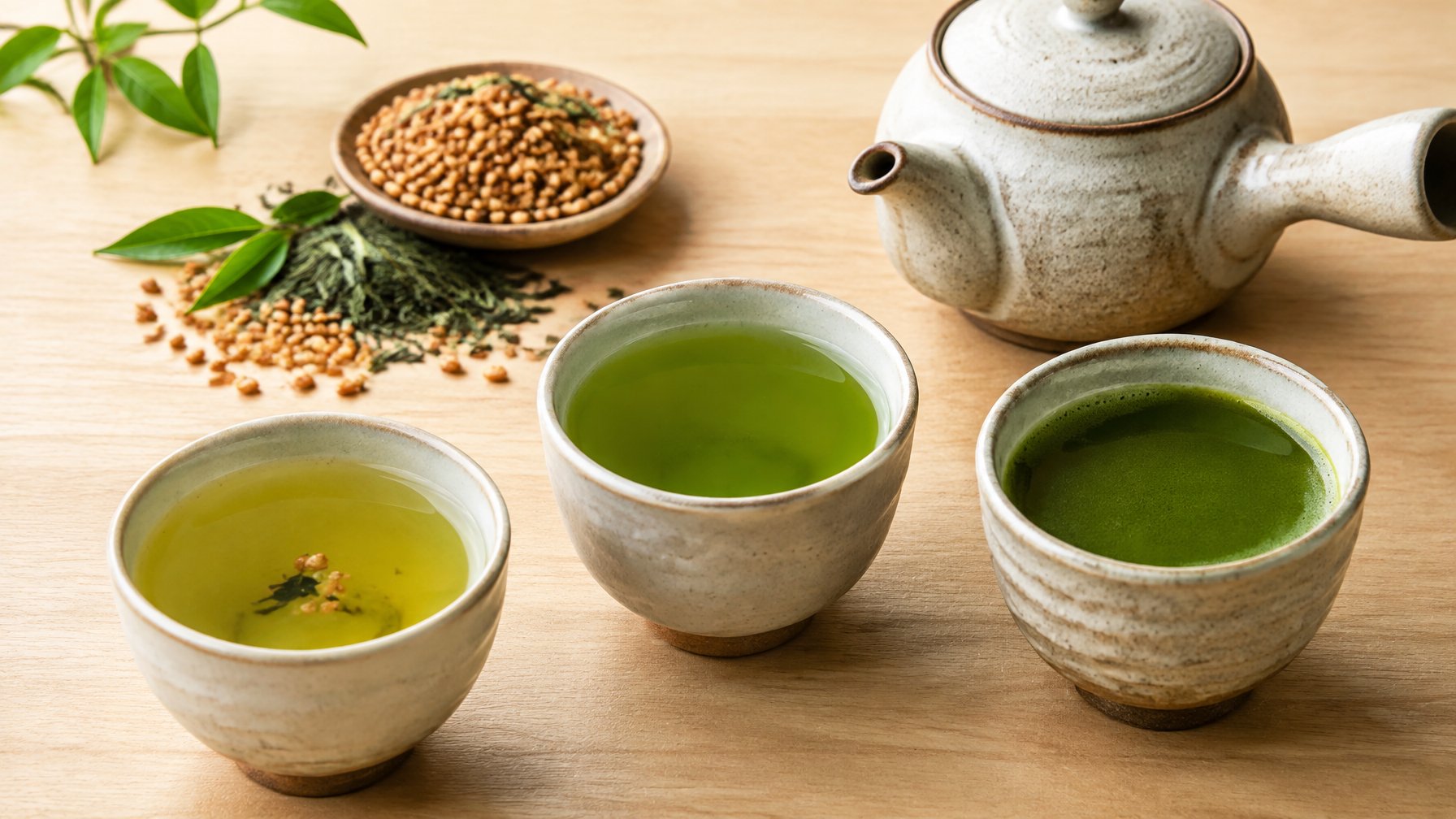 Three cups of Japanese tea sit beside a teapot, toasted rice, and tea leaves.