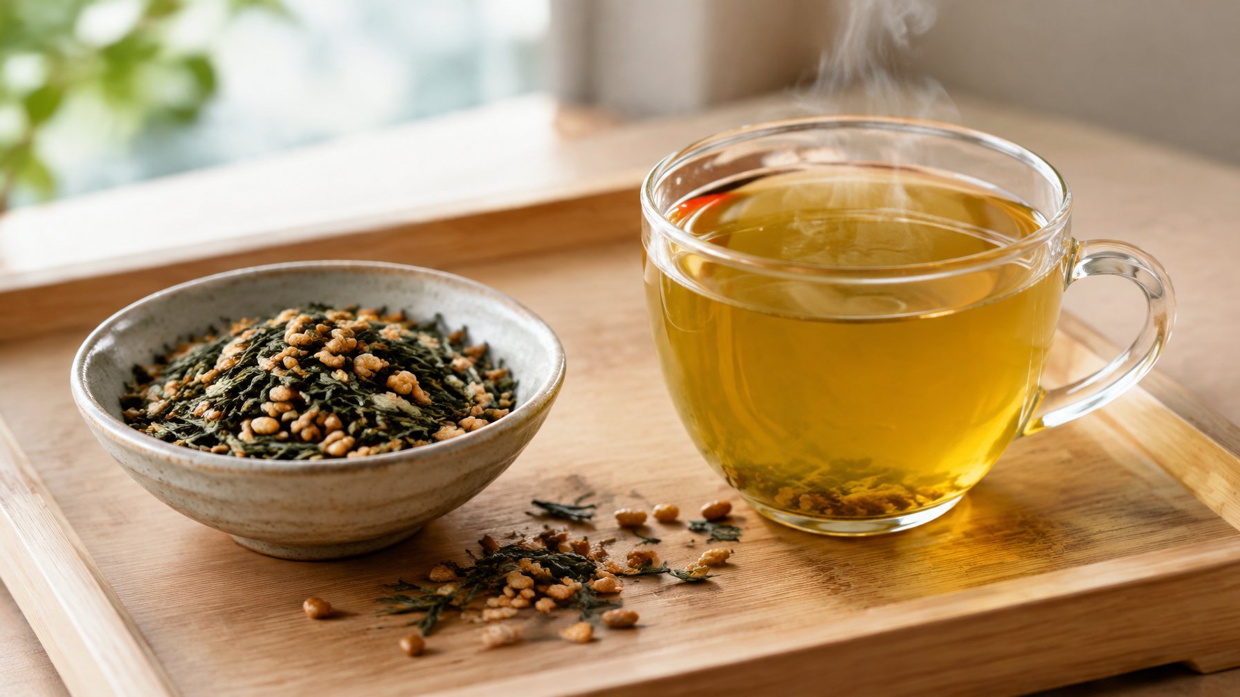 A cup of genmaicha tea beside green tea leaves and toasted rice grains.