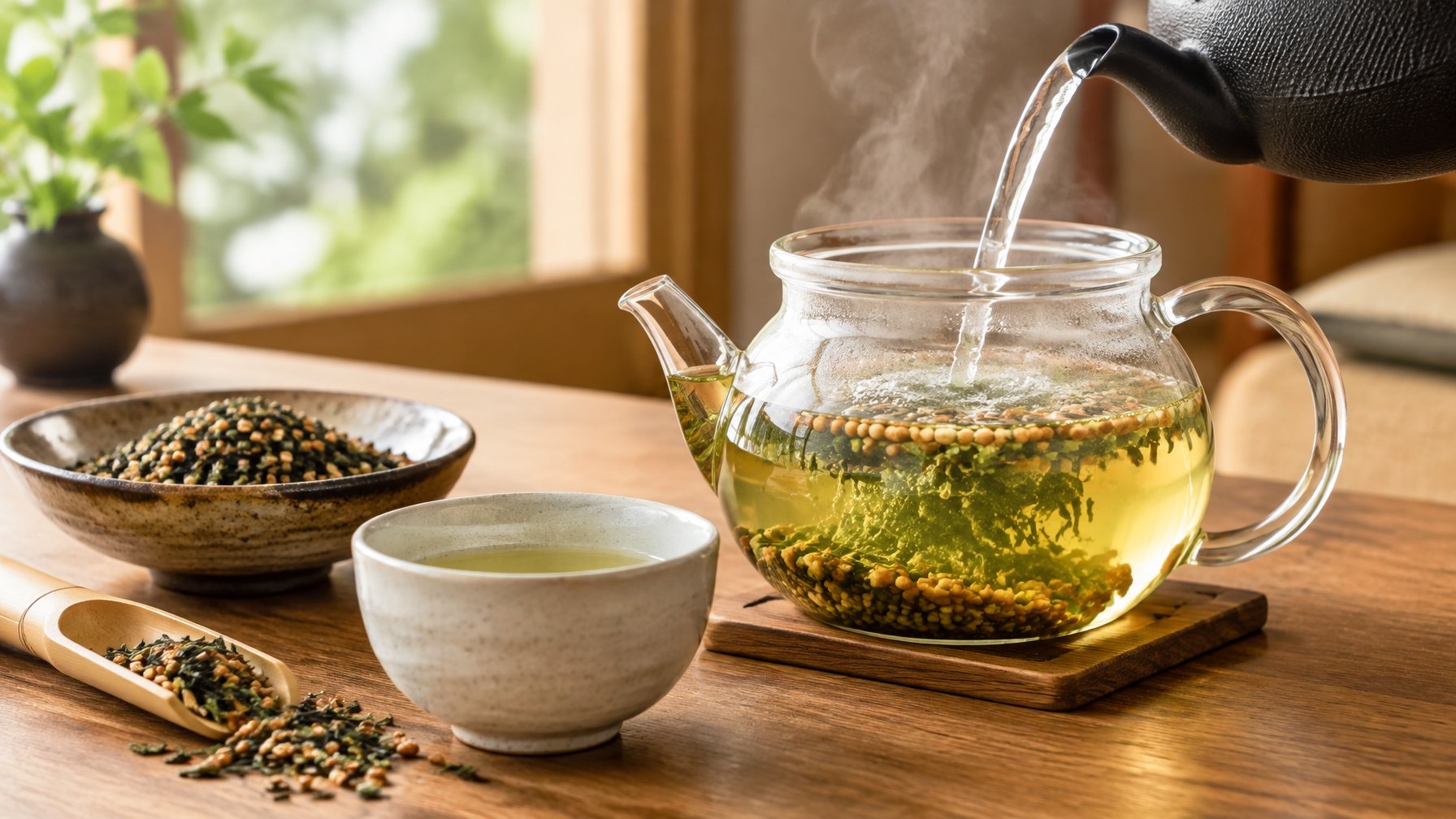 A glass teapot of genmaicha tea beside a cup, loose tea leaves, and toasted rice.