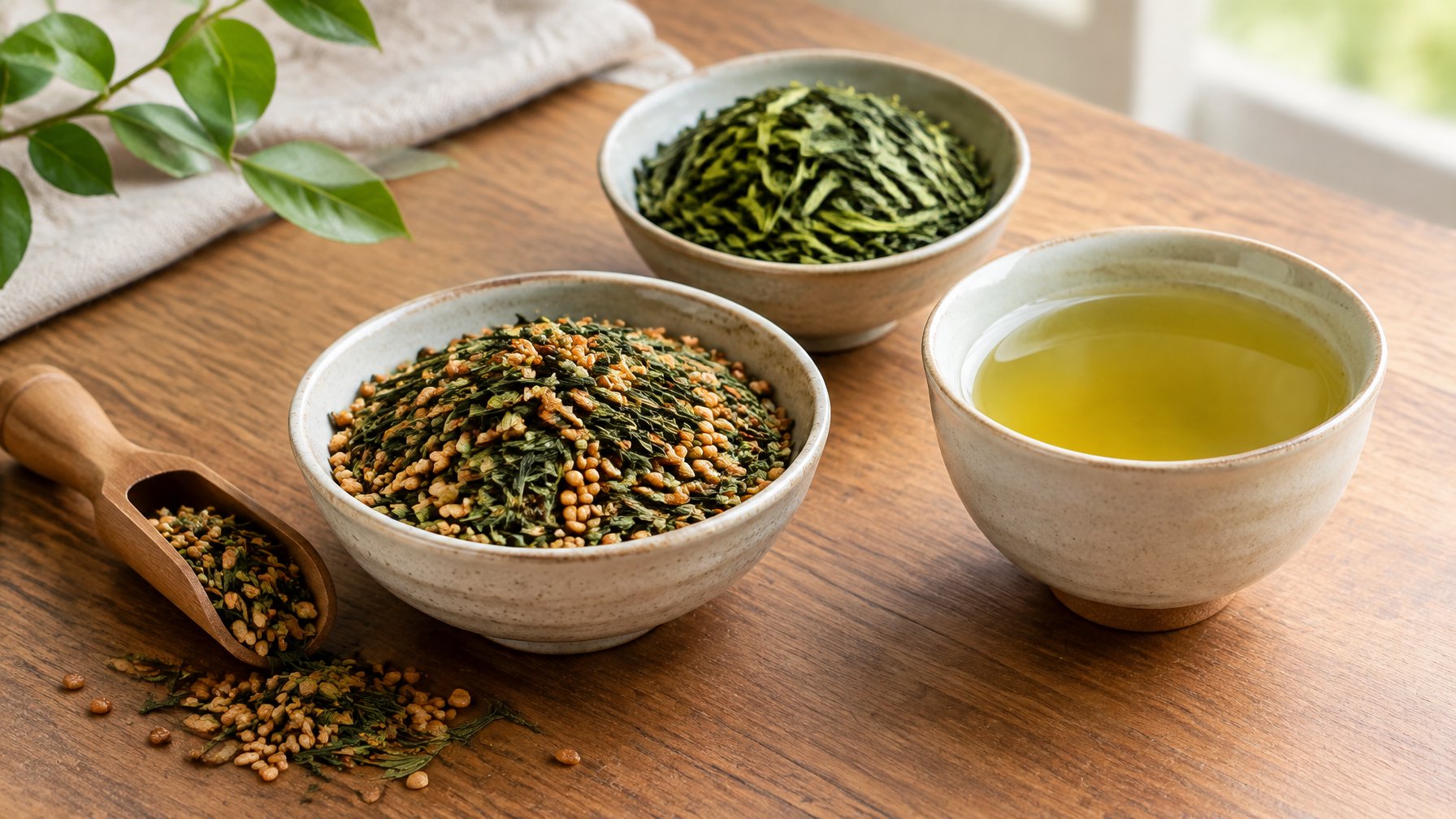 Bowls of genmaicha leaves and toasted rice beside a cup of brewed tea.
