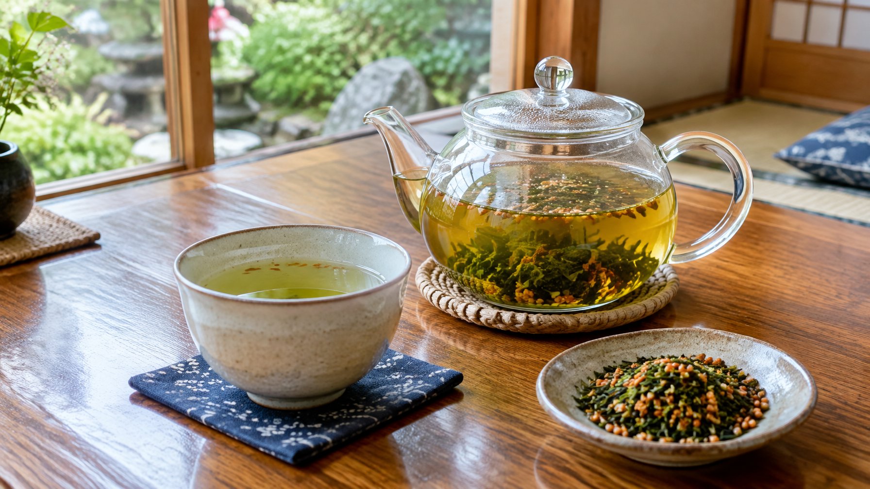 A cup and teapot of genmaicha beside loose tea leaves and toasted rice.