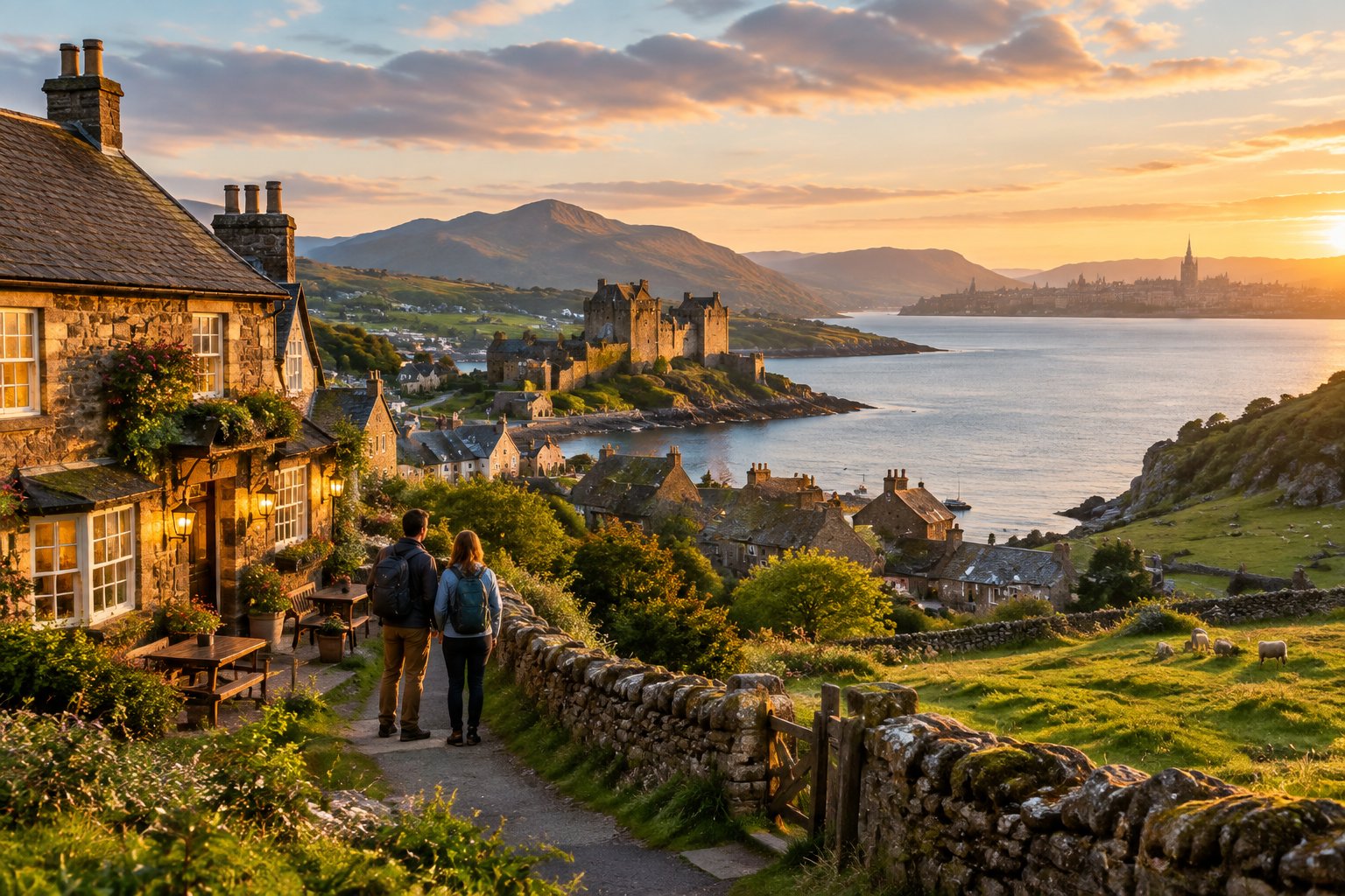 Travelers look across a green landscape toward a stone castle, coastal scenery, a village, and a country inn.
