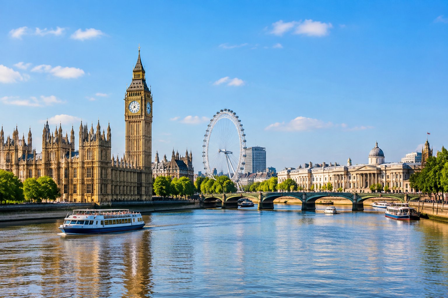 London landmarks and museum buildings beside the River Thames.