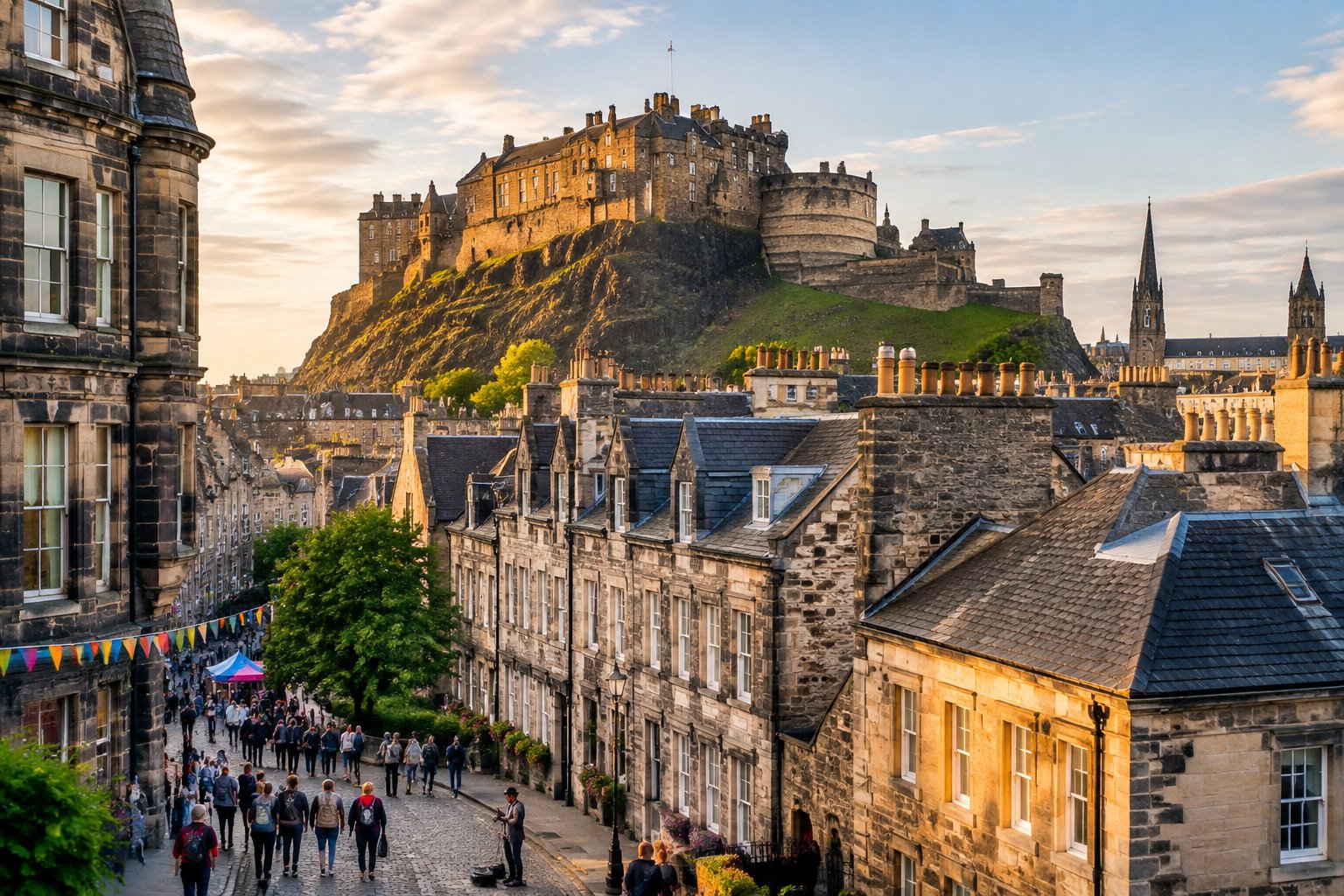 Edinburgh Castle overlooks historic rooftops and a lively festival crowd.