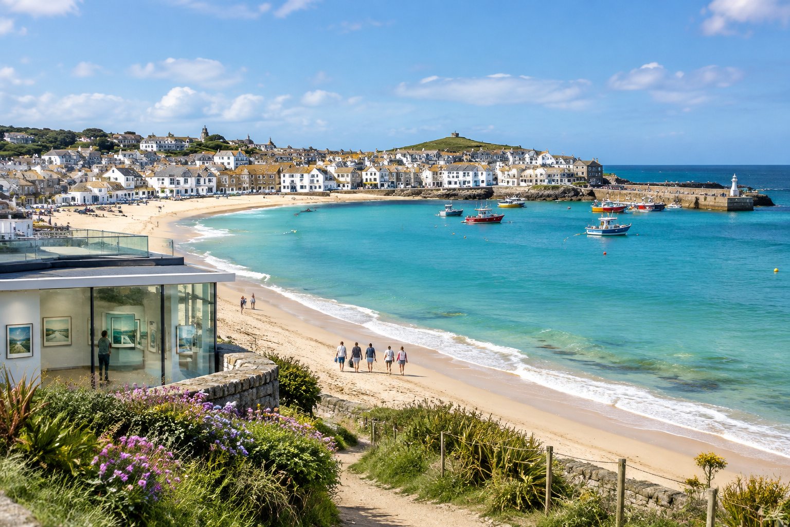 Visitors walk along a beach beside the turquoise waters and whitewashed coastal town of St Ives.