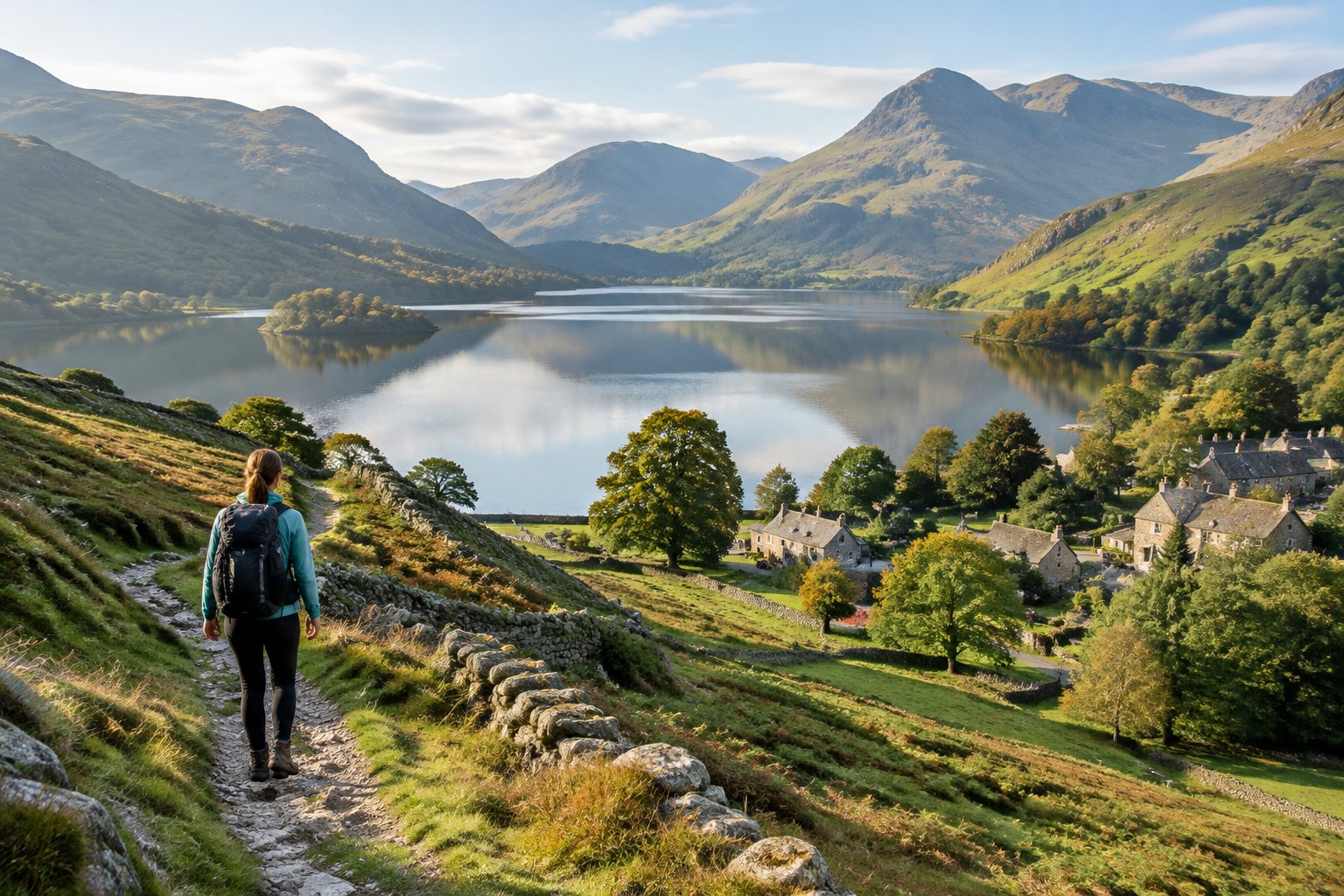 A hiker walks above a lake near a village surrounded by green hills and mountains.