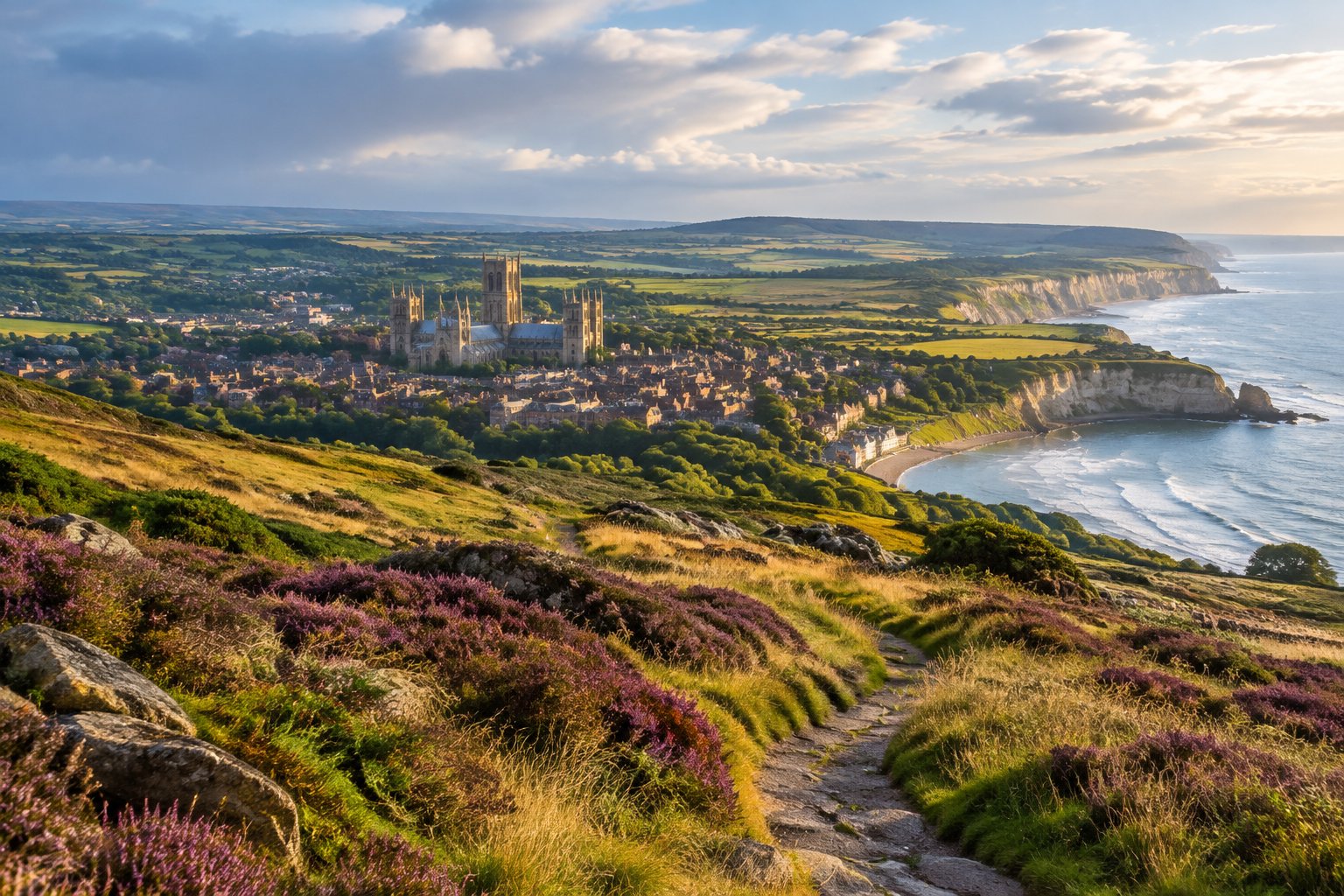 A heather-covered path overlooks York’s historic skyline and a distant North Sea bay.