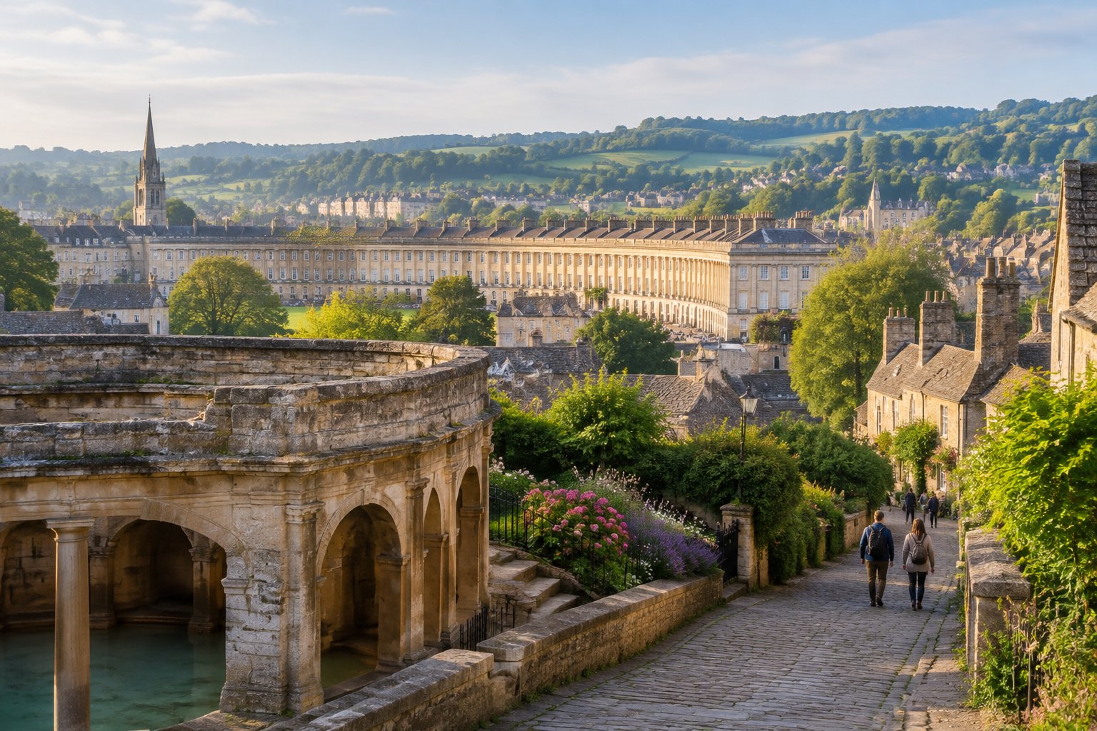 A cobbled lane leads past historic stone buildings toward green hills and Cotswold cottages.