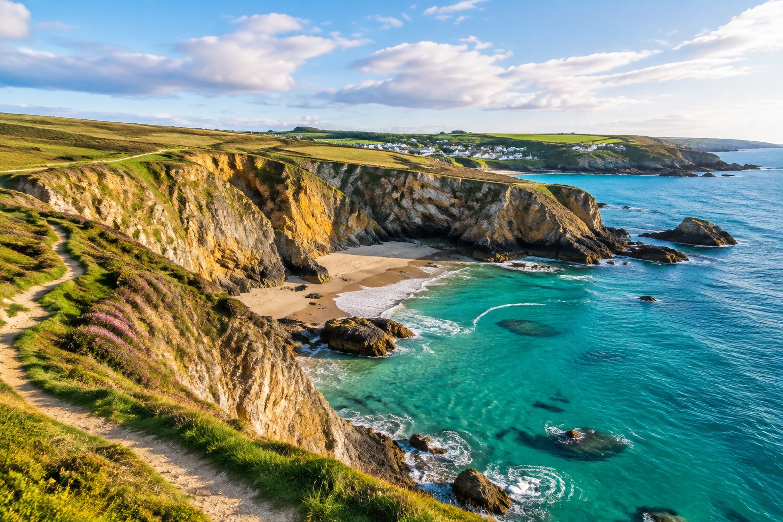 A sandy cove and turquoise water beneath green cliffs on the Pembrokeshire coast.