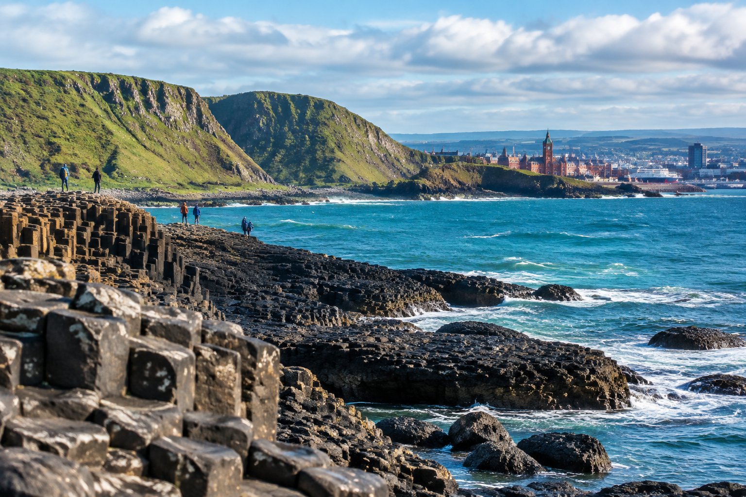 Basalt columns along the Causeway Coast overlook the sea and distant cliffs.