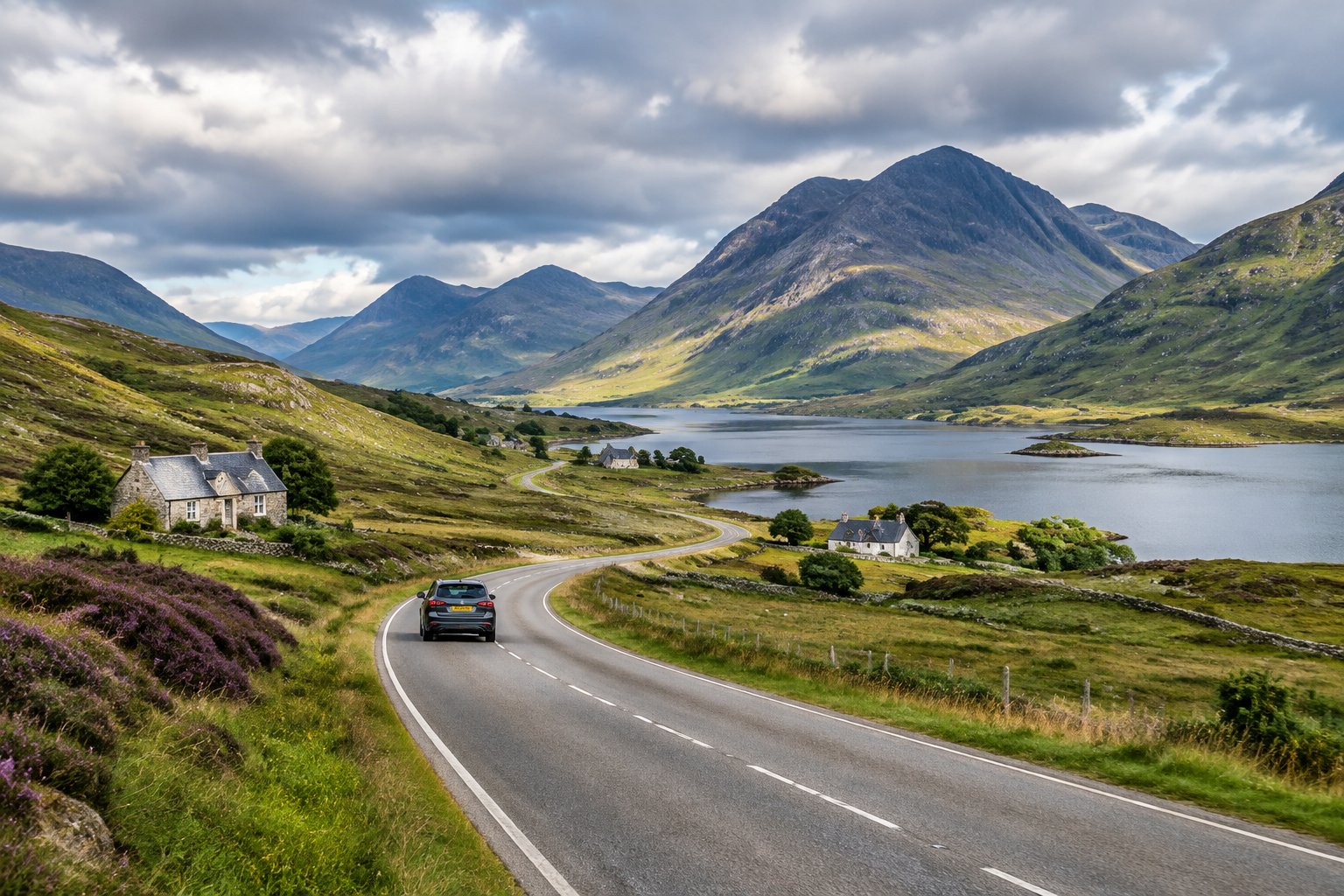 A winding road crosses a green Highland glen toward distant mountains, with a loch and cottages nearby.
