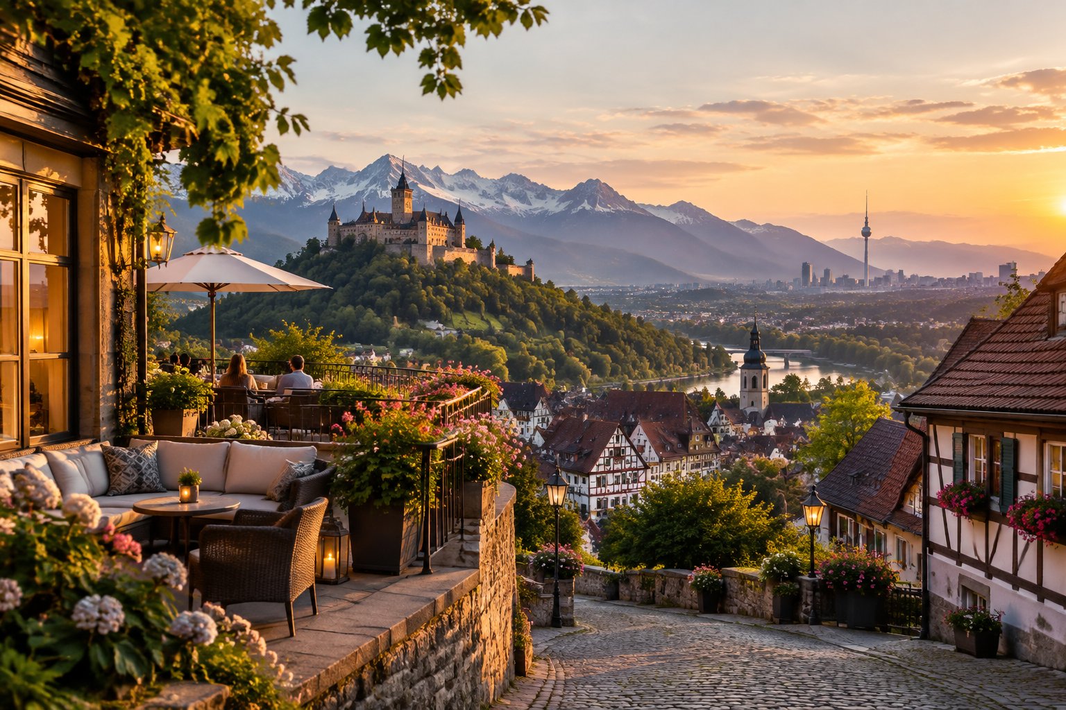 A hotel terrace overlooks a historic German town, a distant castle, and the Alps.