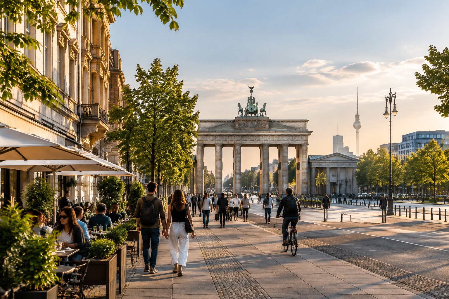 People stroll and cycle along a leafy Berlin street, with the Brandenburg Gate in the background.