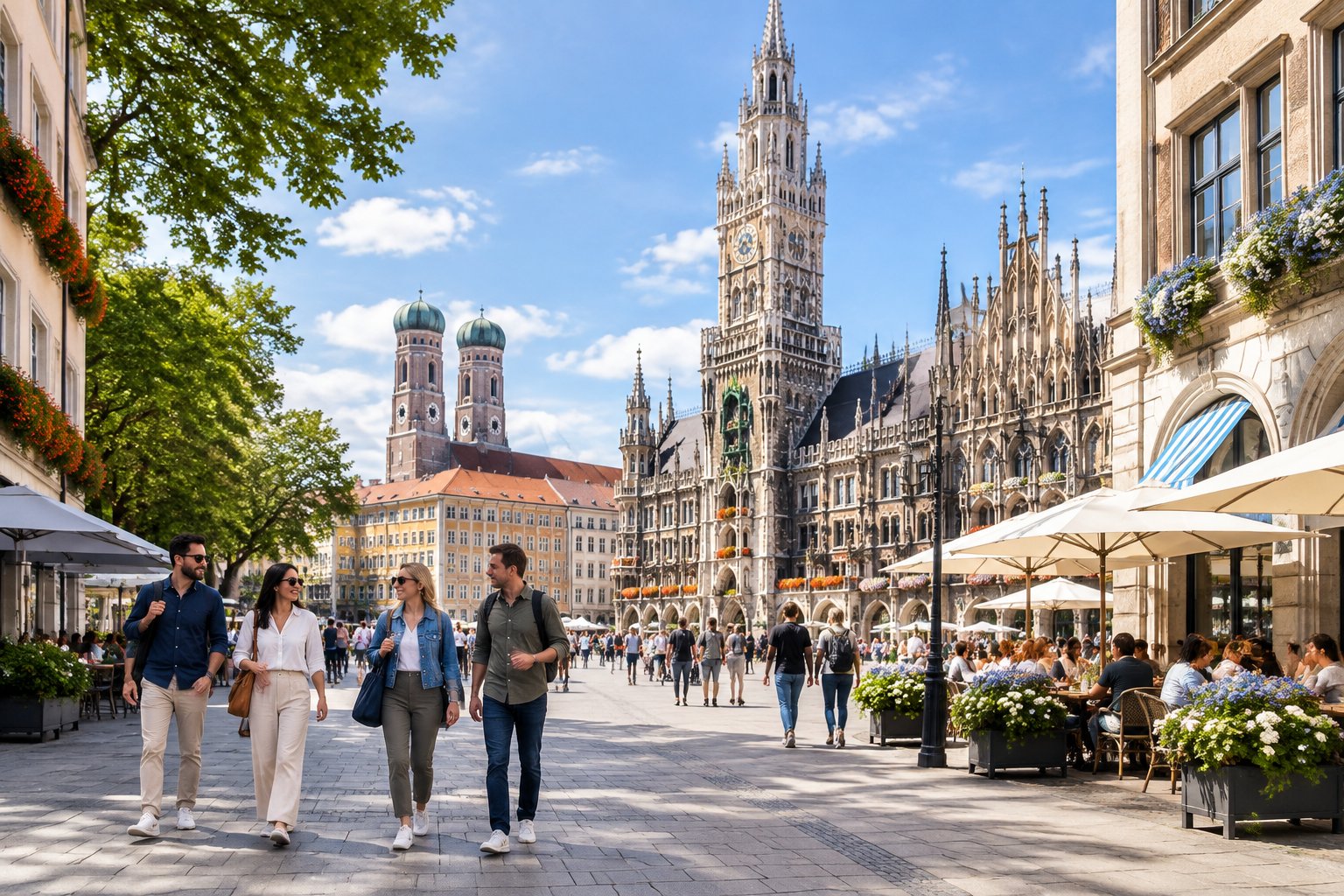 Travelers stroll through a sunny Munich plaza with historic city landmarks in the background.