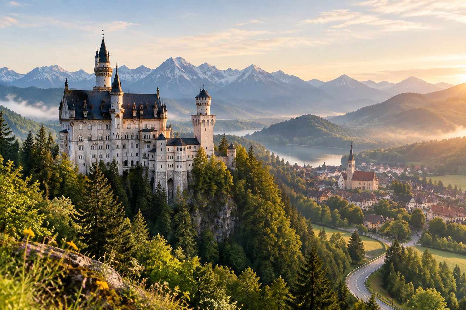 Neuschwanstein Castle overlooks a medieval town in a green Bavarian valley.